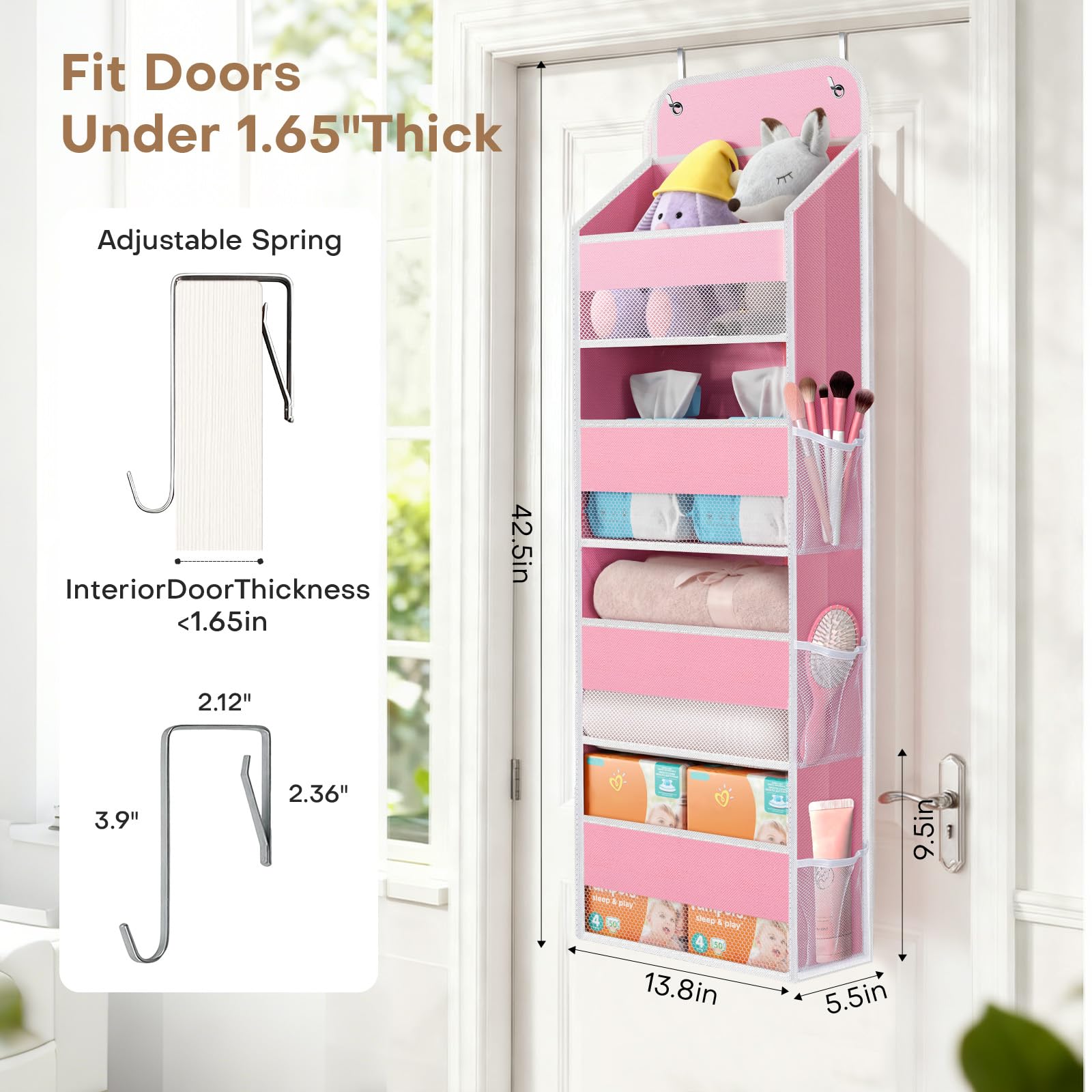 SpaceWhisper nursery organizer pink storing diapers and wipes for easy changes.