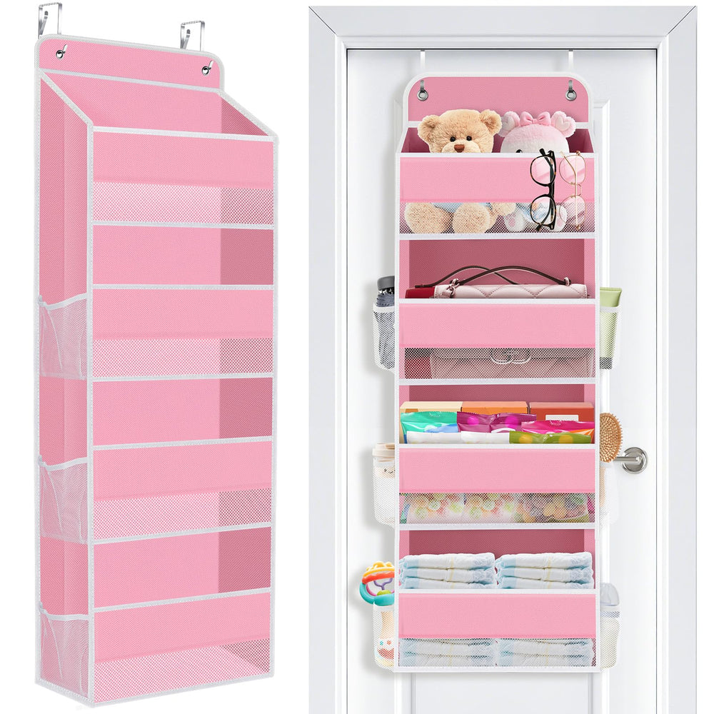 SpaceWhisper over-door organizer pink with four pockets for quick-access storage.