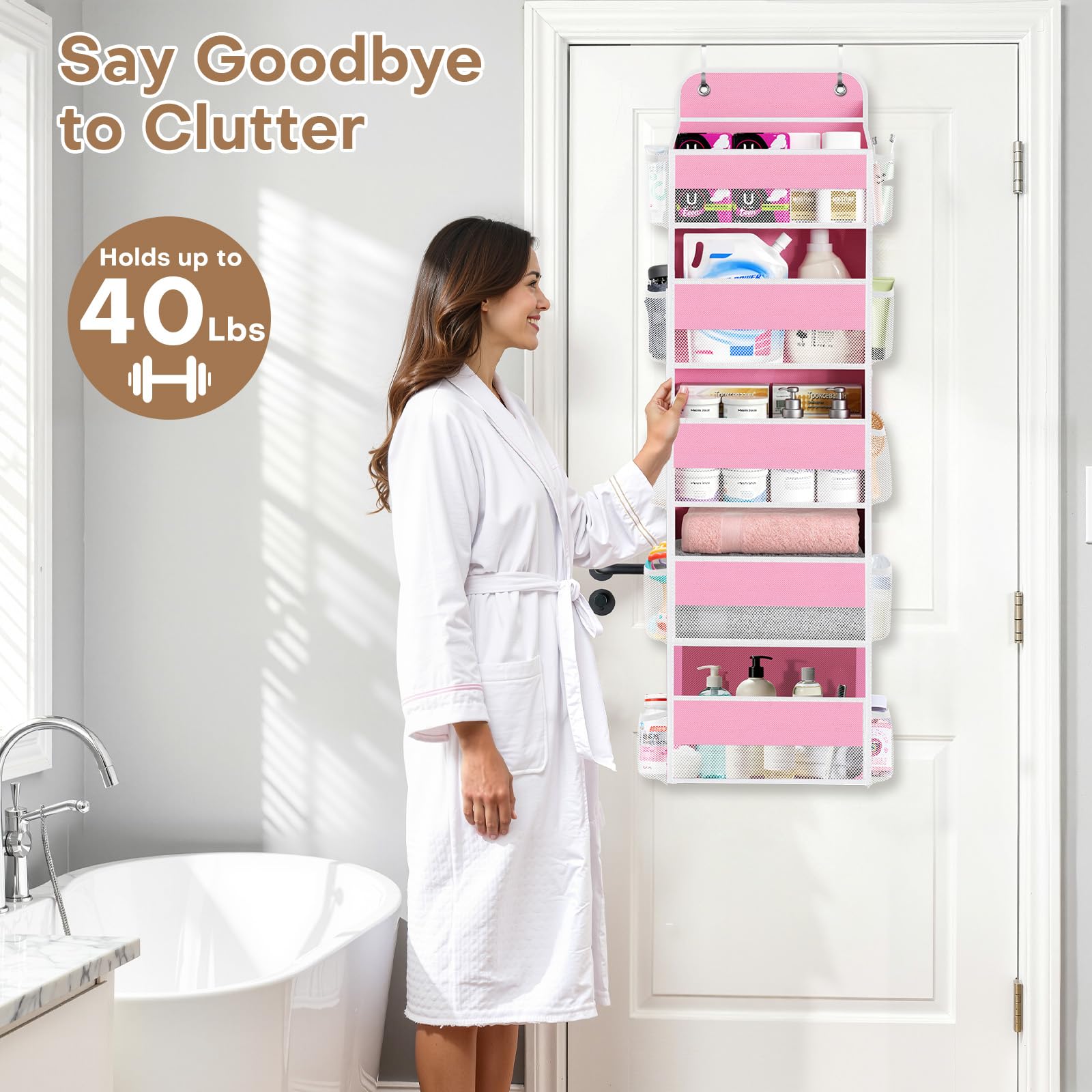 SpaceWhisper over the door organizer pink in-use on a door