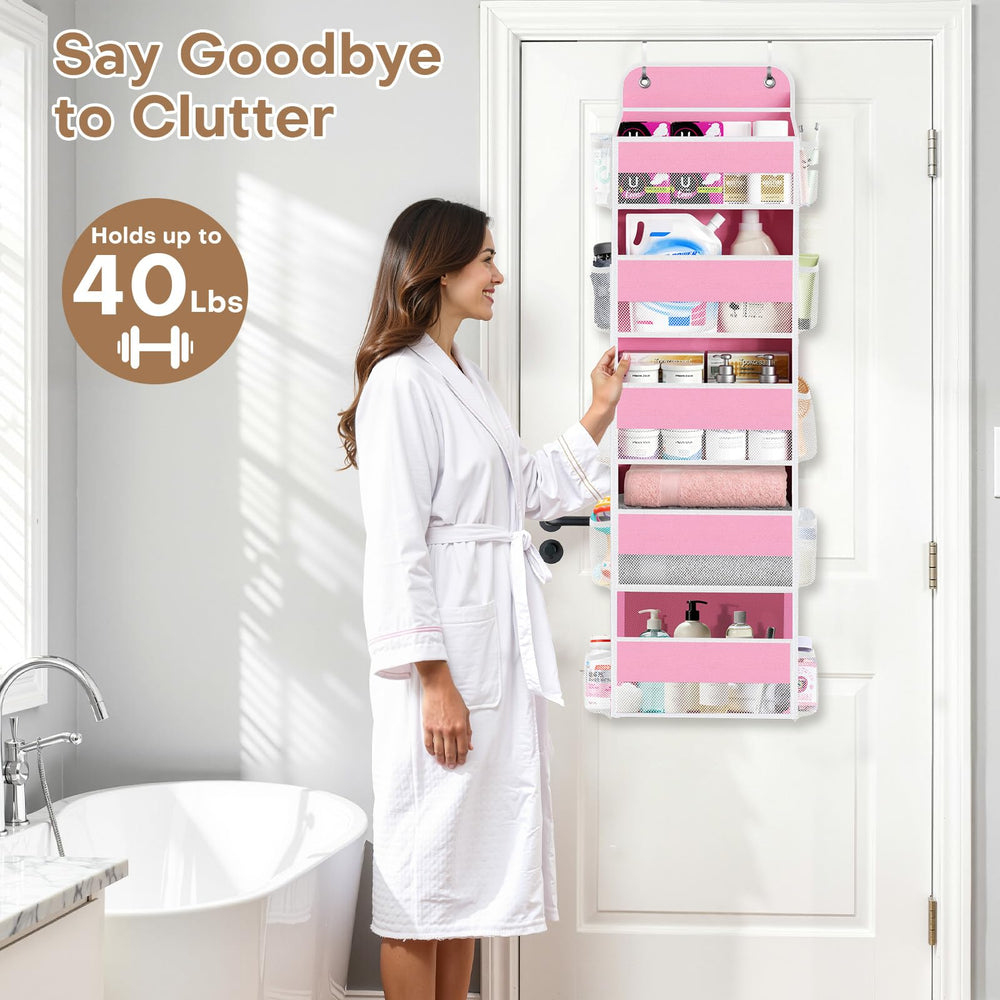 SpaceWhisper over the door organizer pink in-use on a door