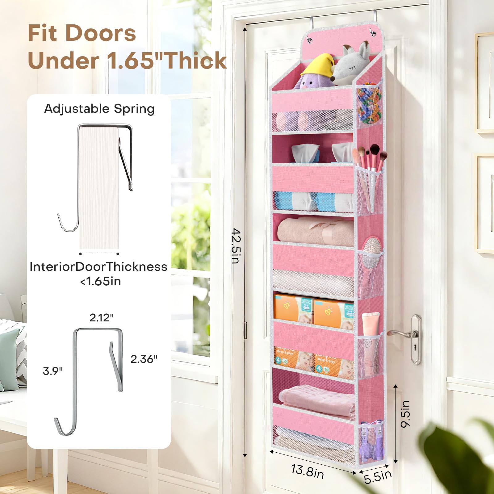 SpaceWhisper over the door organizer pink five-pocket layout for organized essentials