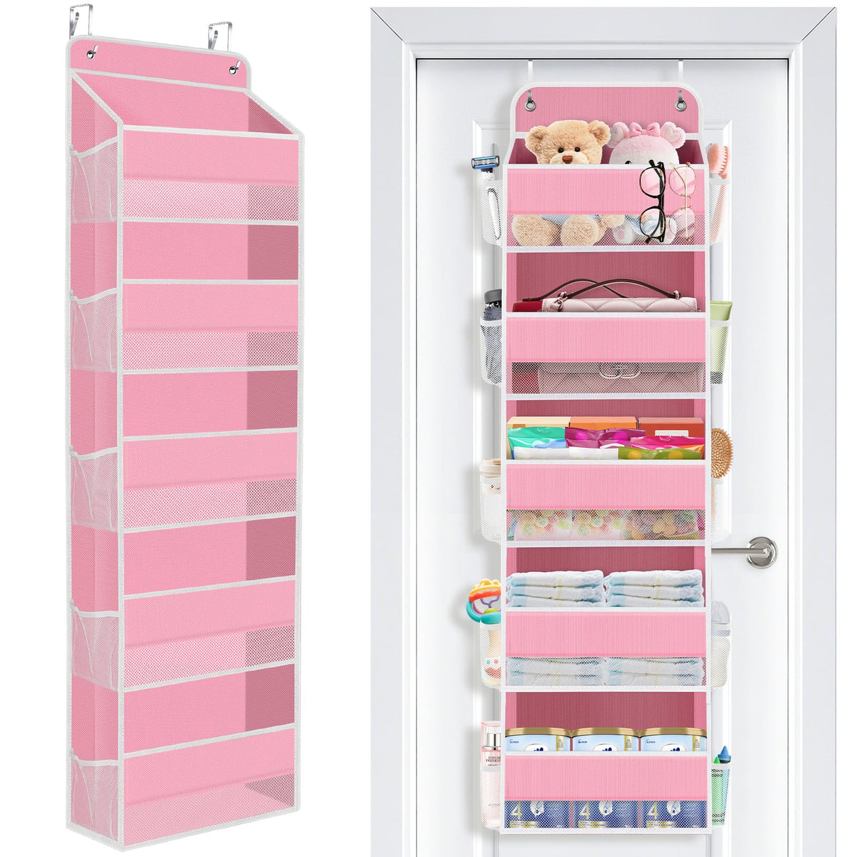 SpaceWhisper over the door organizer pink front view for easy diaper access