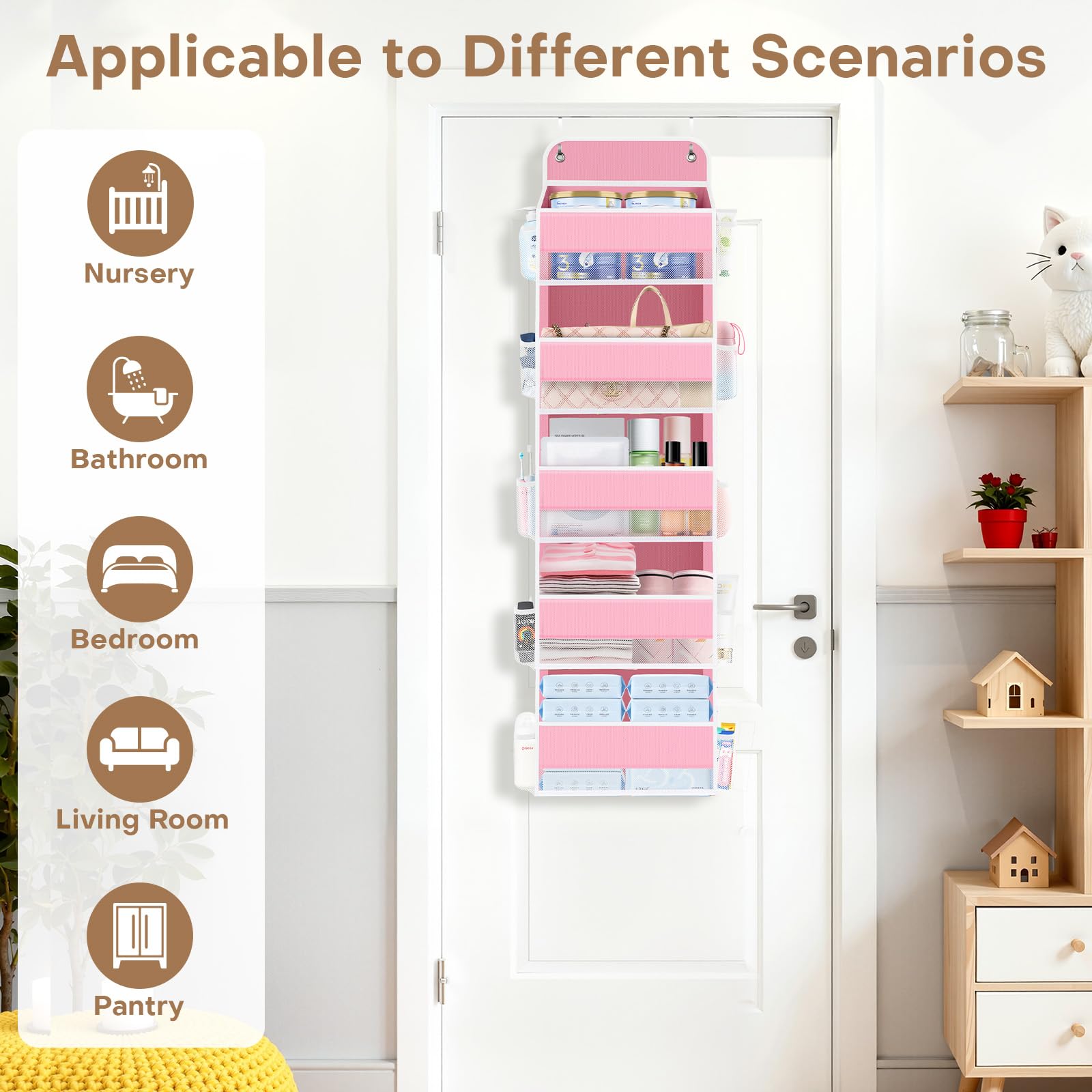 SpaceWhisper over the door organizer pink side pockets for quick toiletries storage