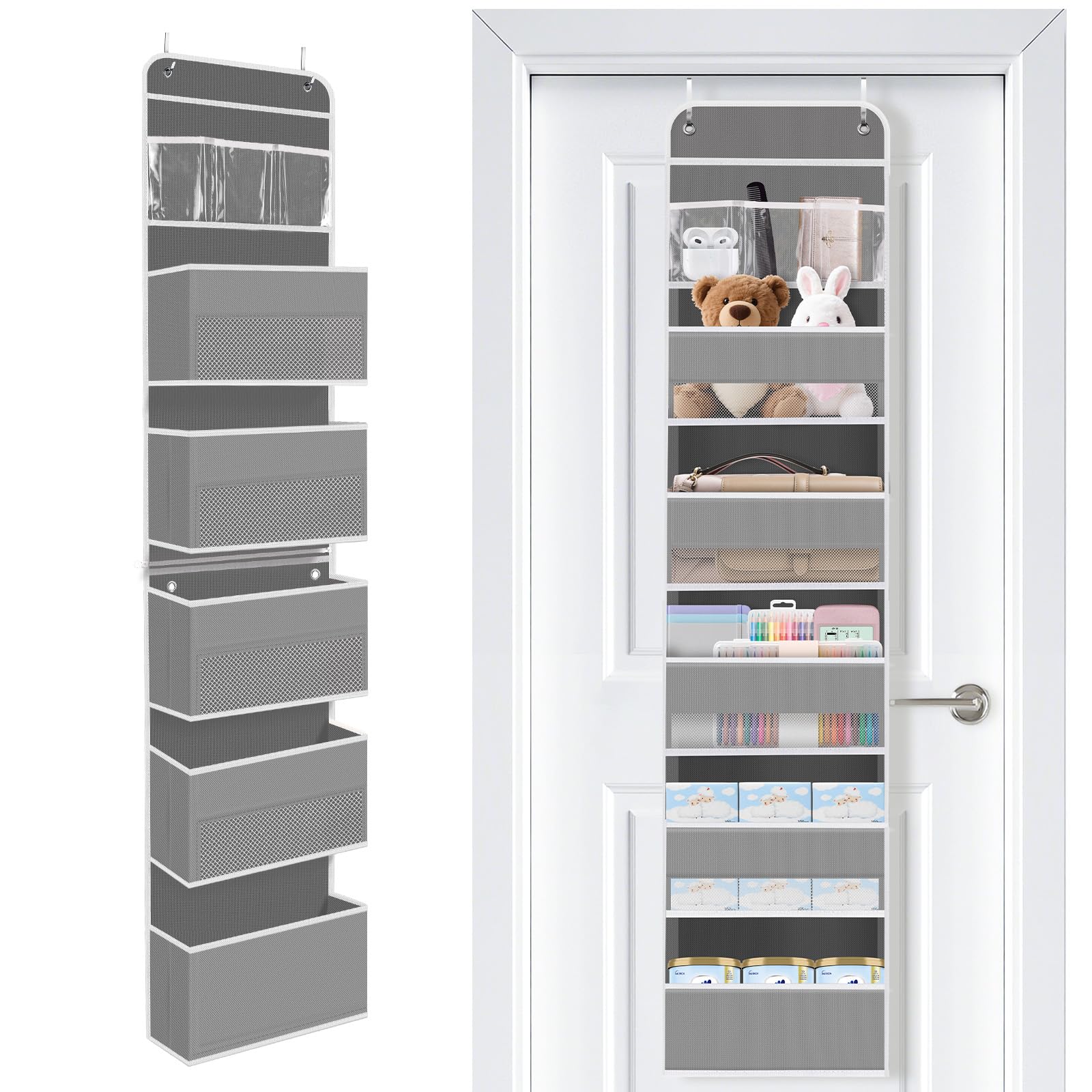 SpaceWhisper over the door organizer with six pockets keeps baby essentials organized and accessible.