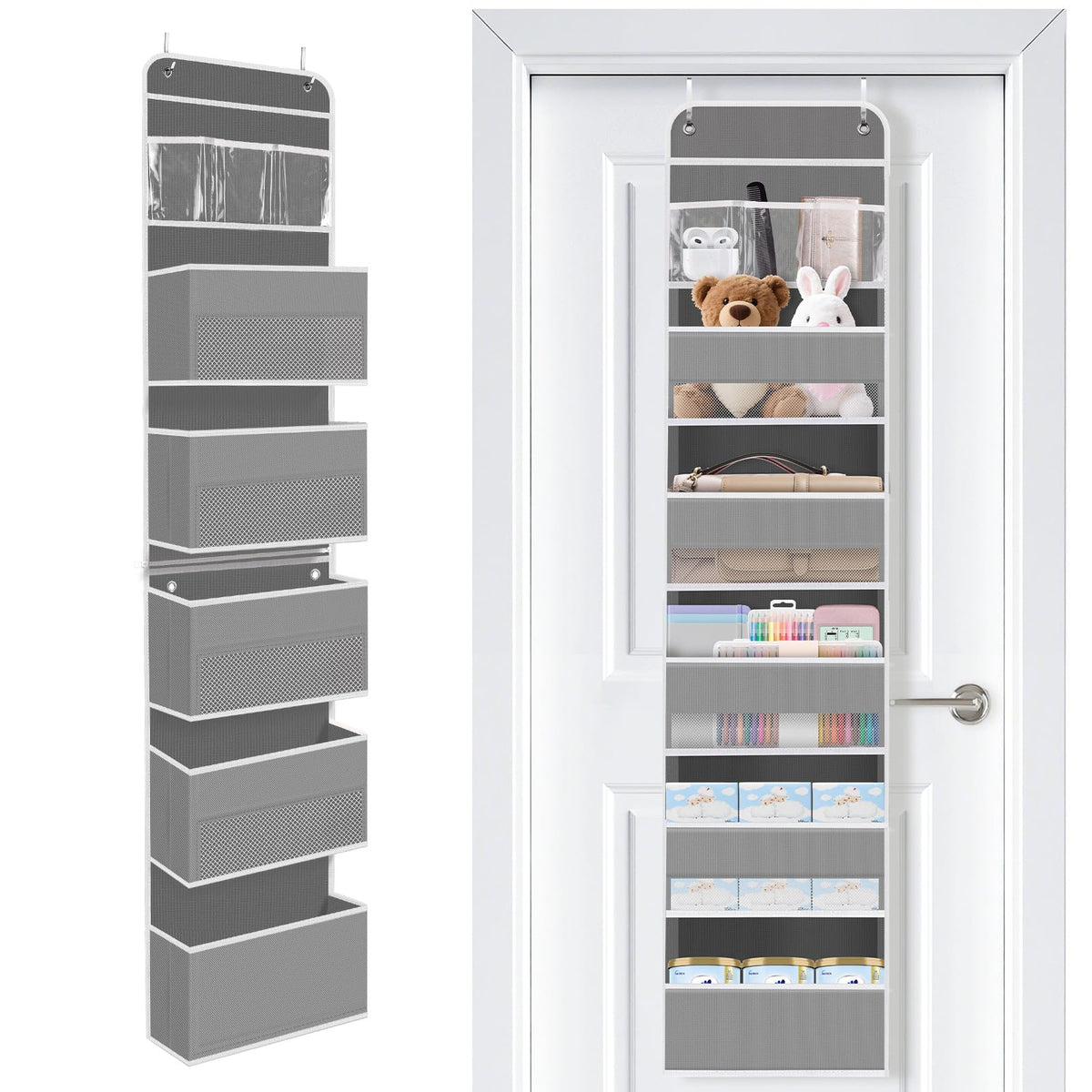 SpaceWhisper over the door organizer with six pockets keeps baby essentials organized and accessible.