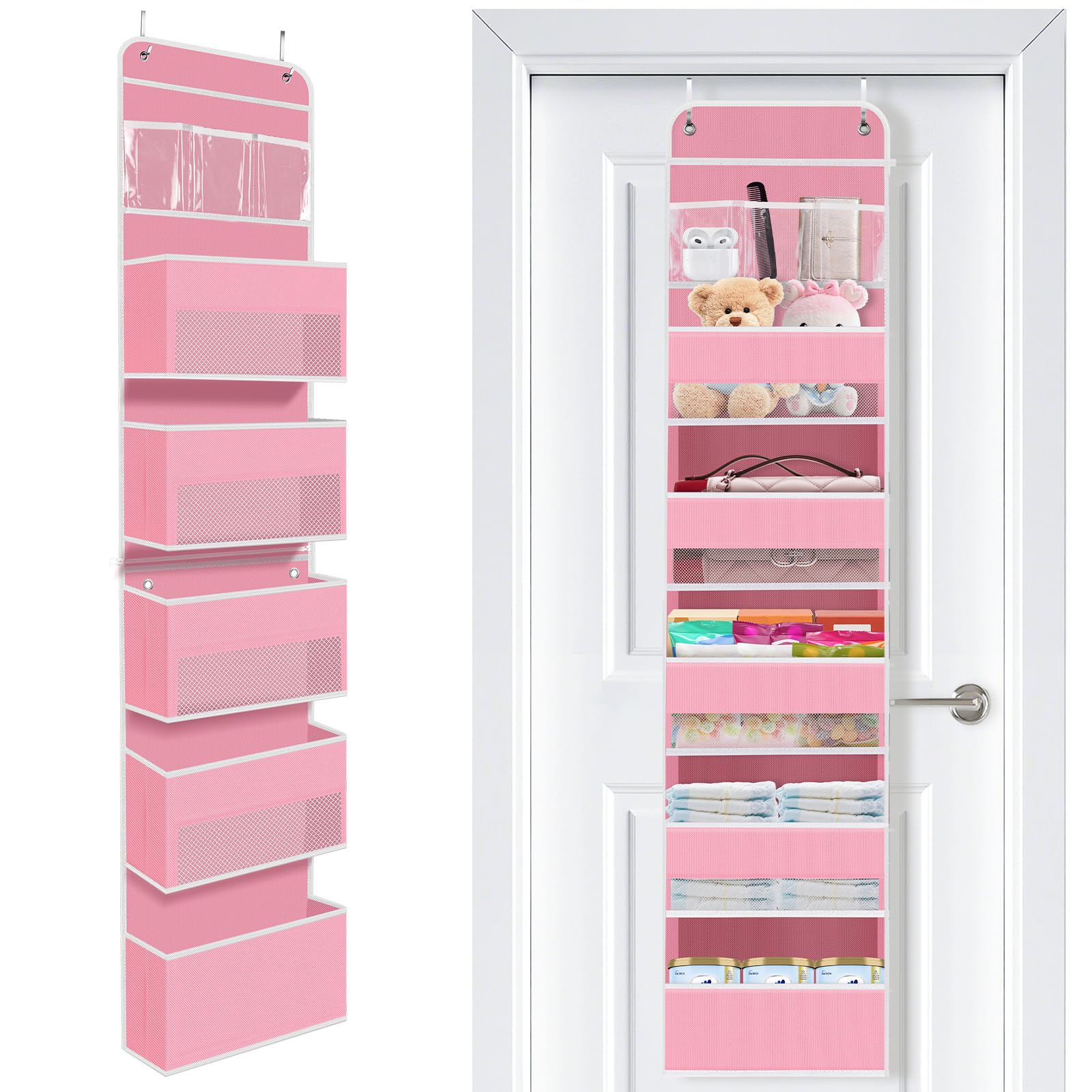 SpaceWhisper over-the-door organizer shows 61x14x5 inch dimensions for easy diaper and toy storage