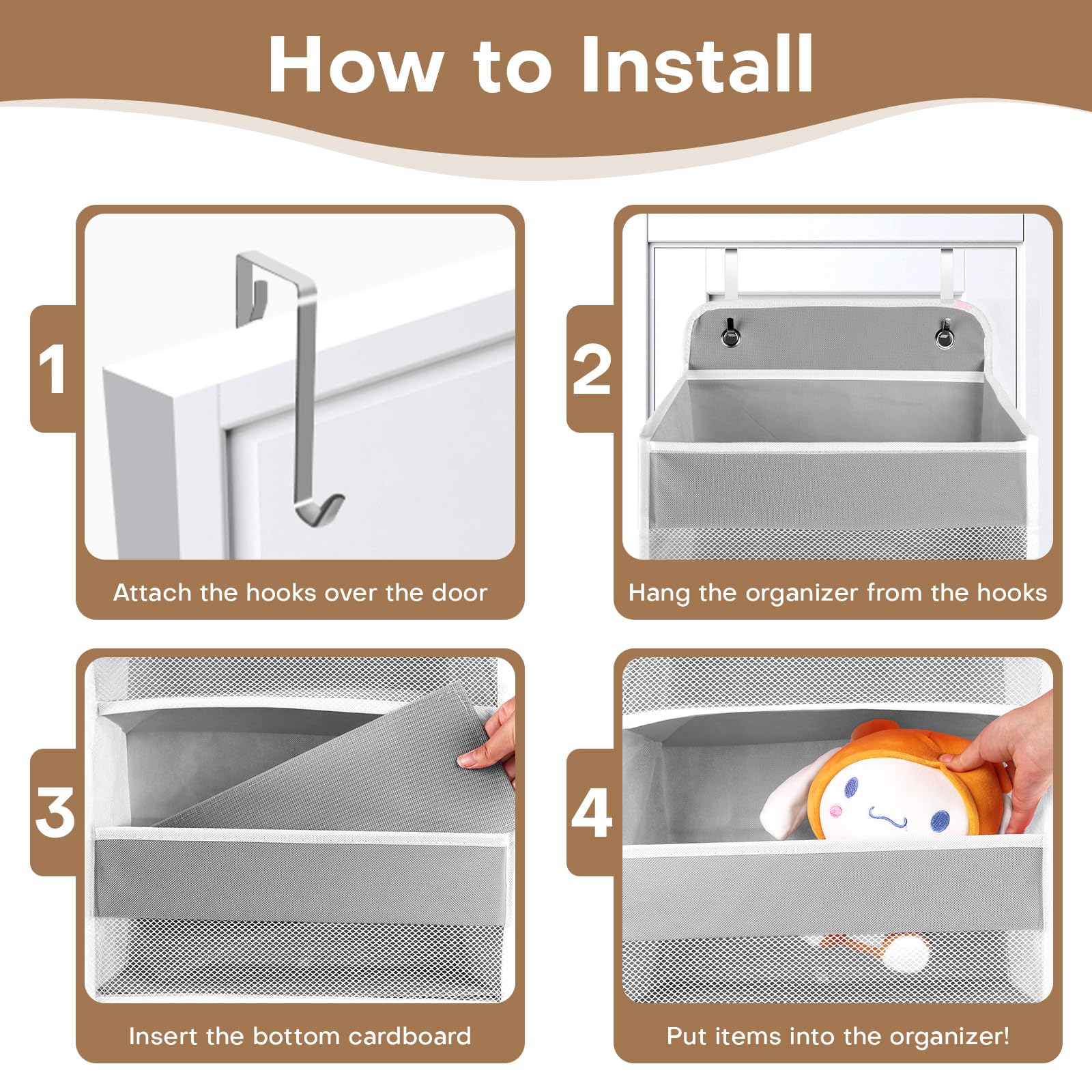 Easy, drill-free setup of SpaceWhisper over the door organizer.