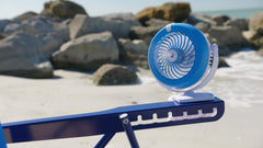 Spark Innovators Go Fan Cool Mist on clip stand demonstrates flexible positioning