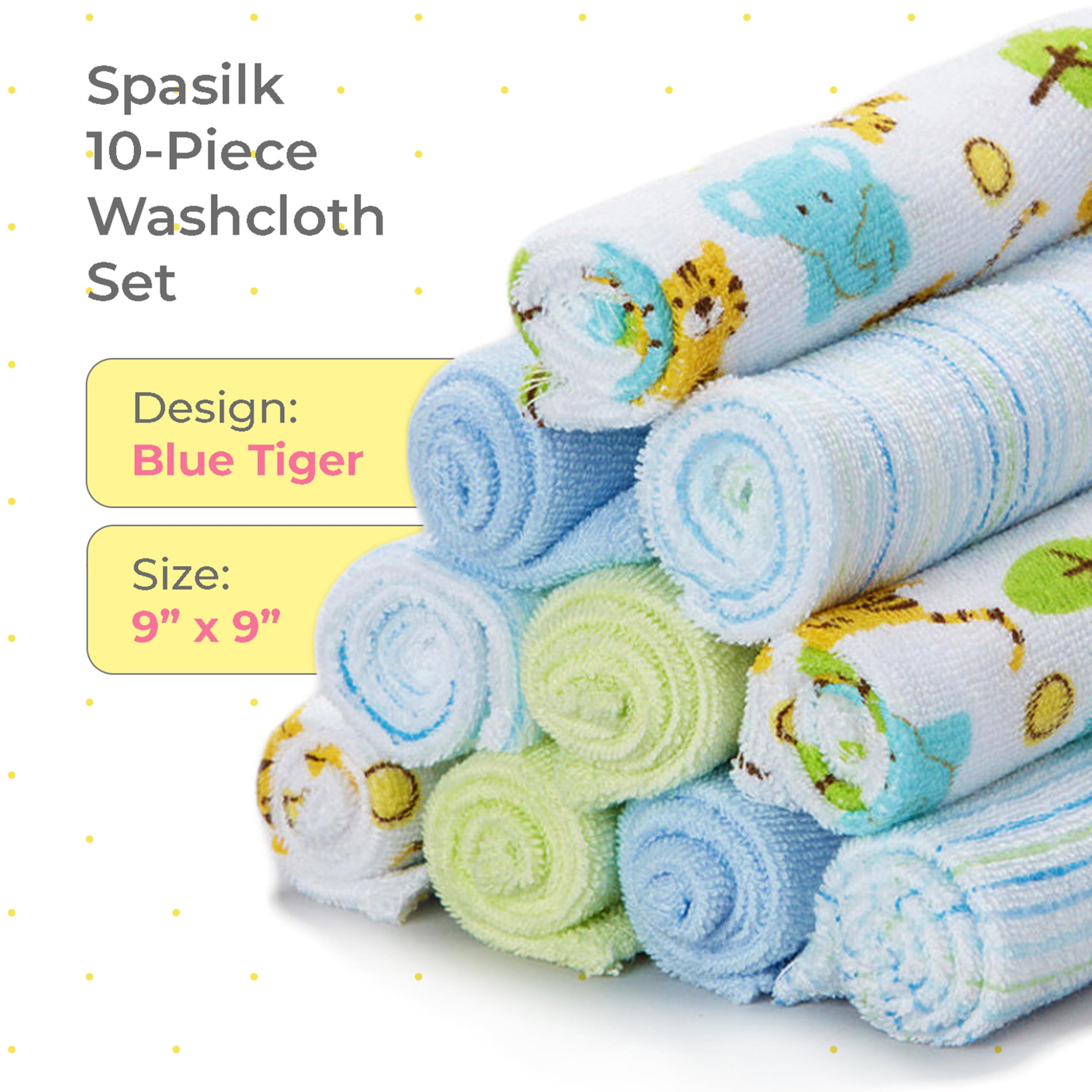 Spasilk washcloths with cheerful multicolor prints brighten daily baths and cleanups.