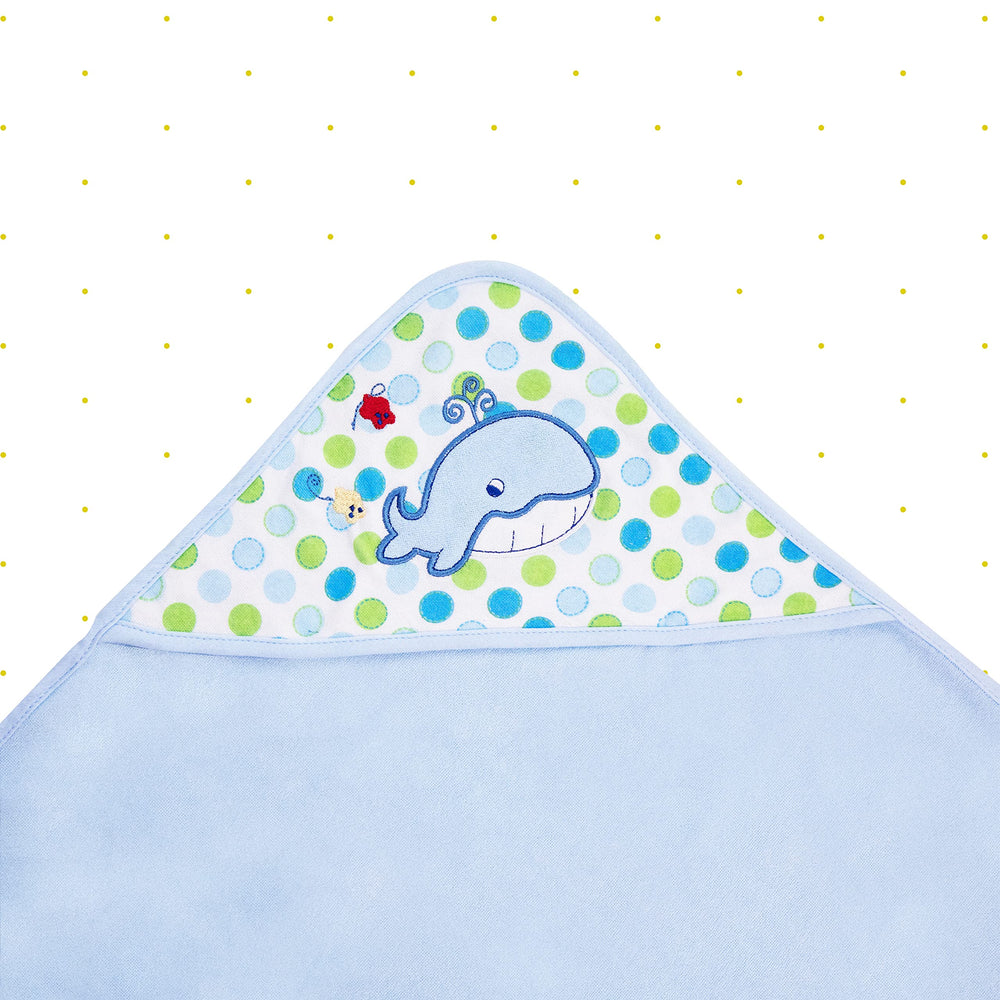 Spasilk hooded towel blue whale applique detail adds playful warmth after baths.