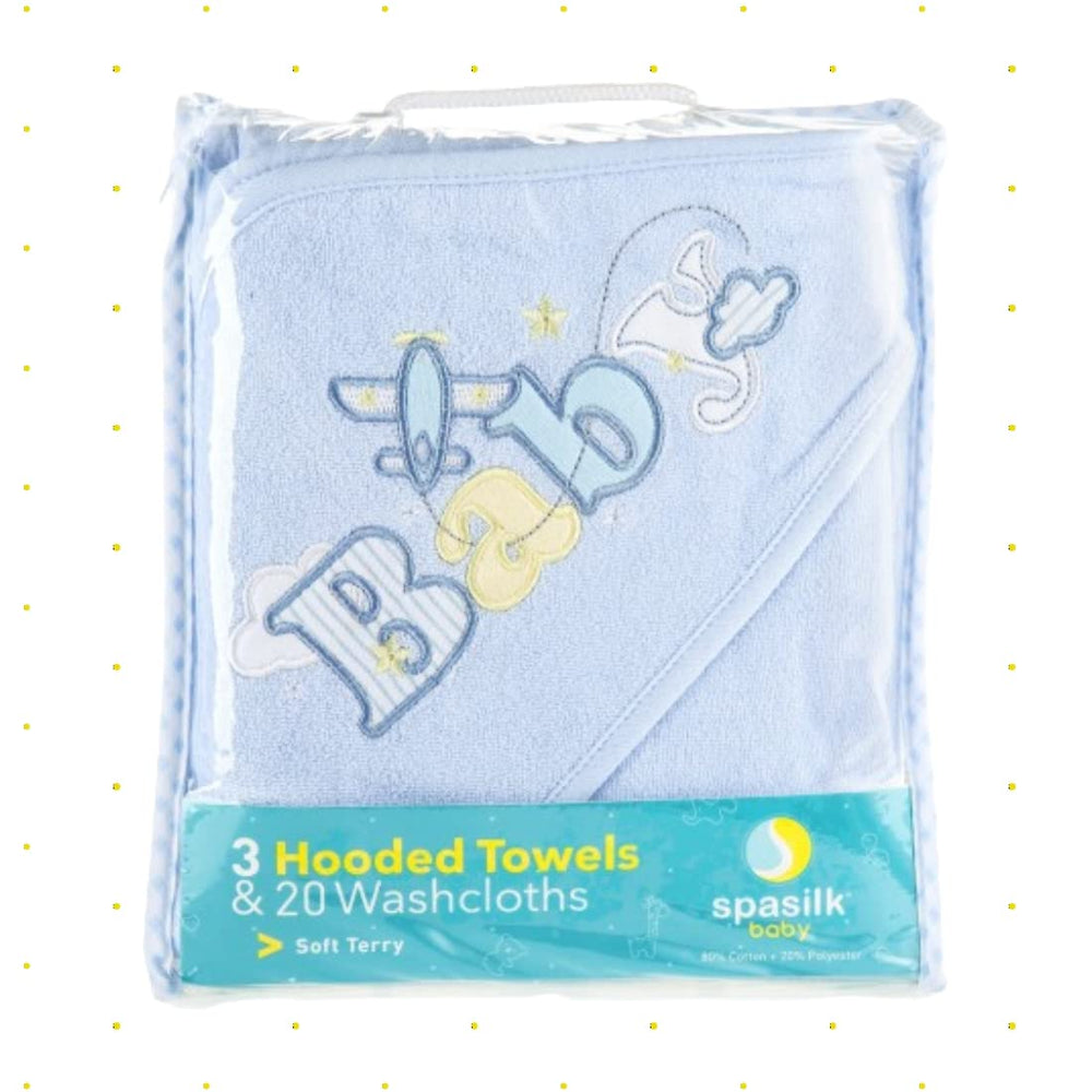 Spasilk close-up of blue hooded towel showing size 26 by 30
