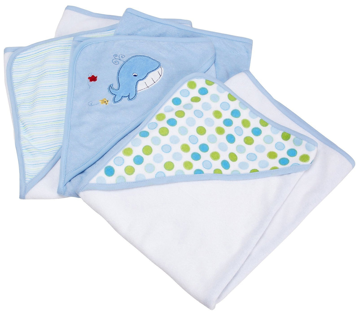 Spasilk hooded towel set with blue whale applique keeps baby warm after bath.