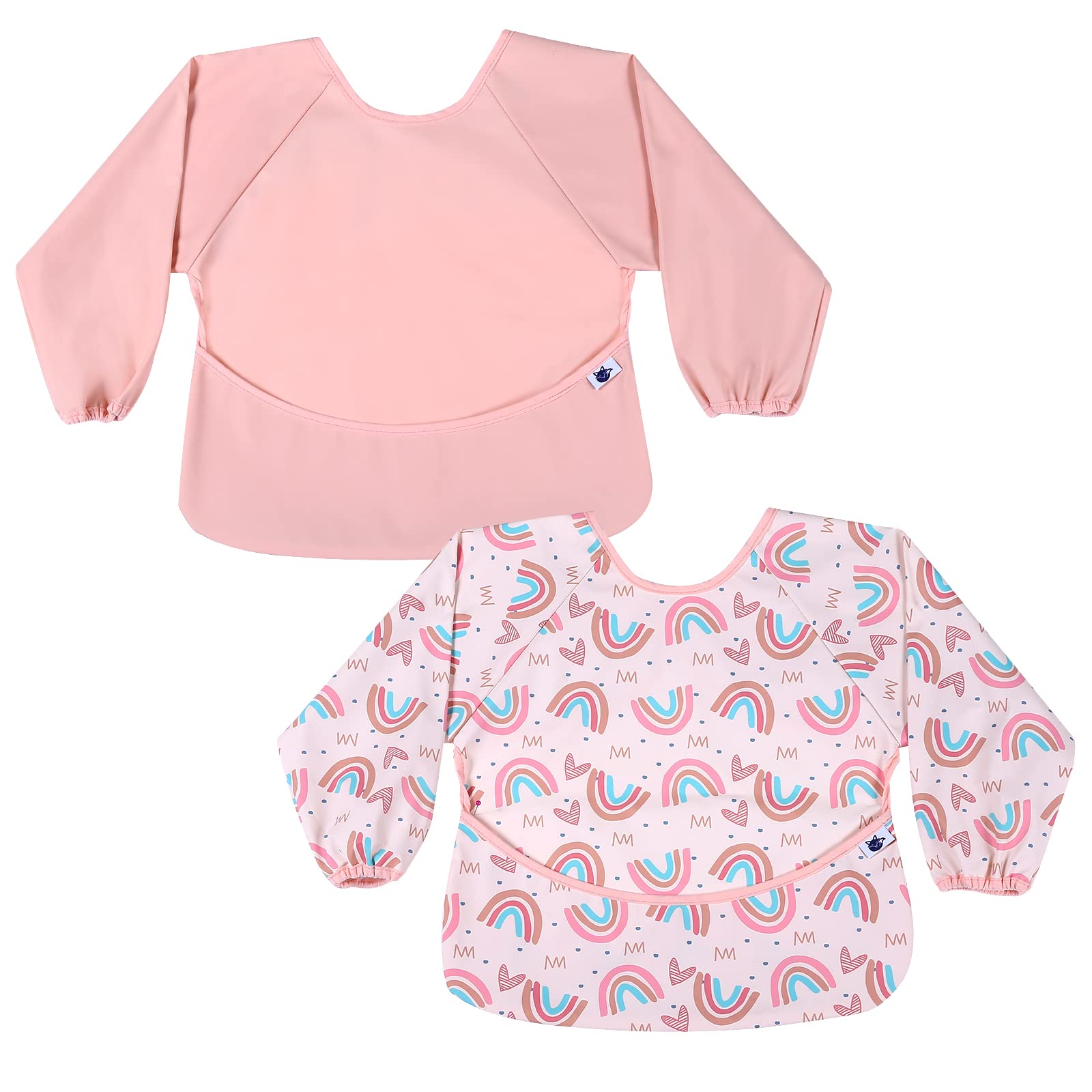 SPINFOX 2-pack long sleeve bib with pink rainbow sleeves protects clothing during meals