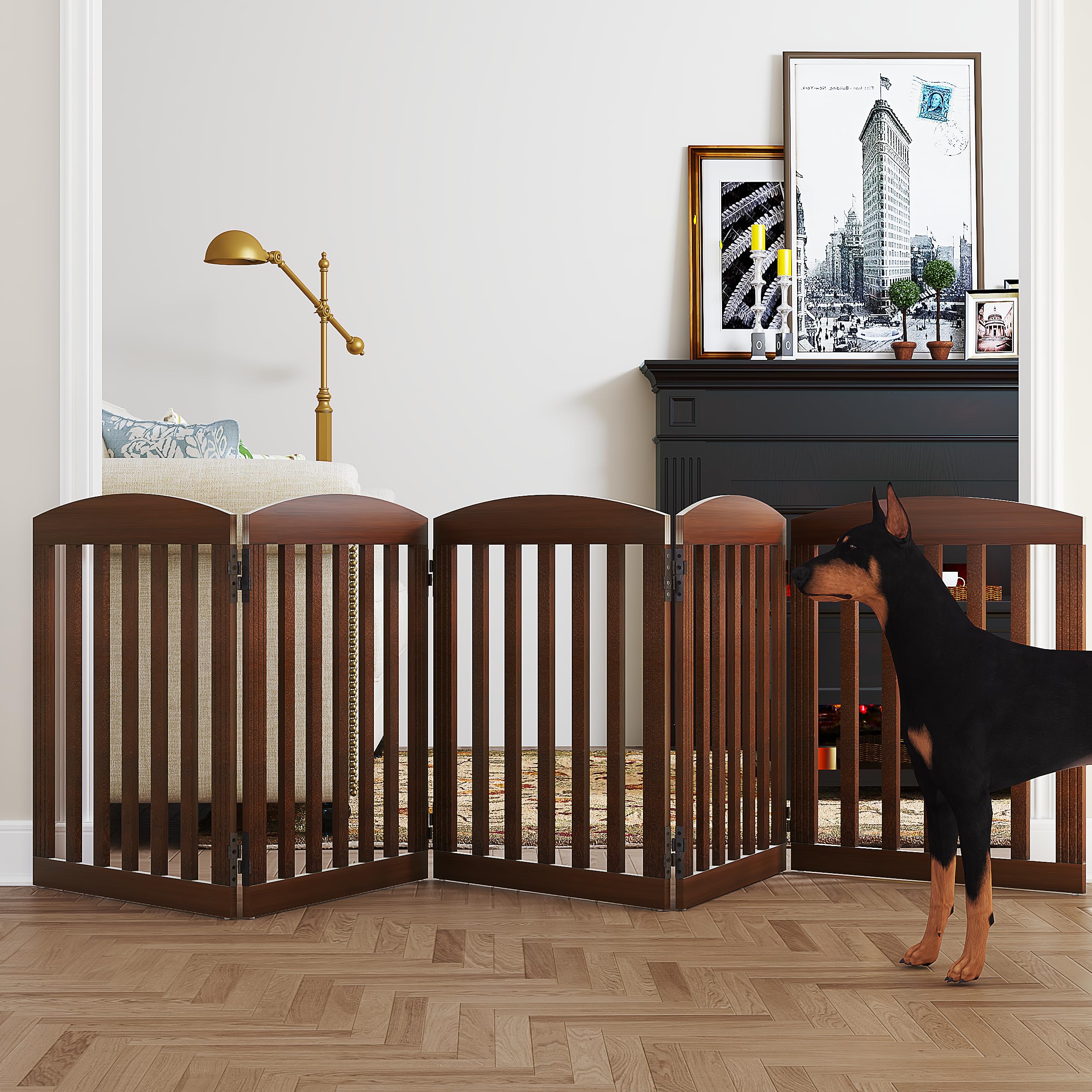 Spirich 120-inch dog gate in doorway provides a wide safe barrier.