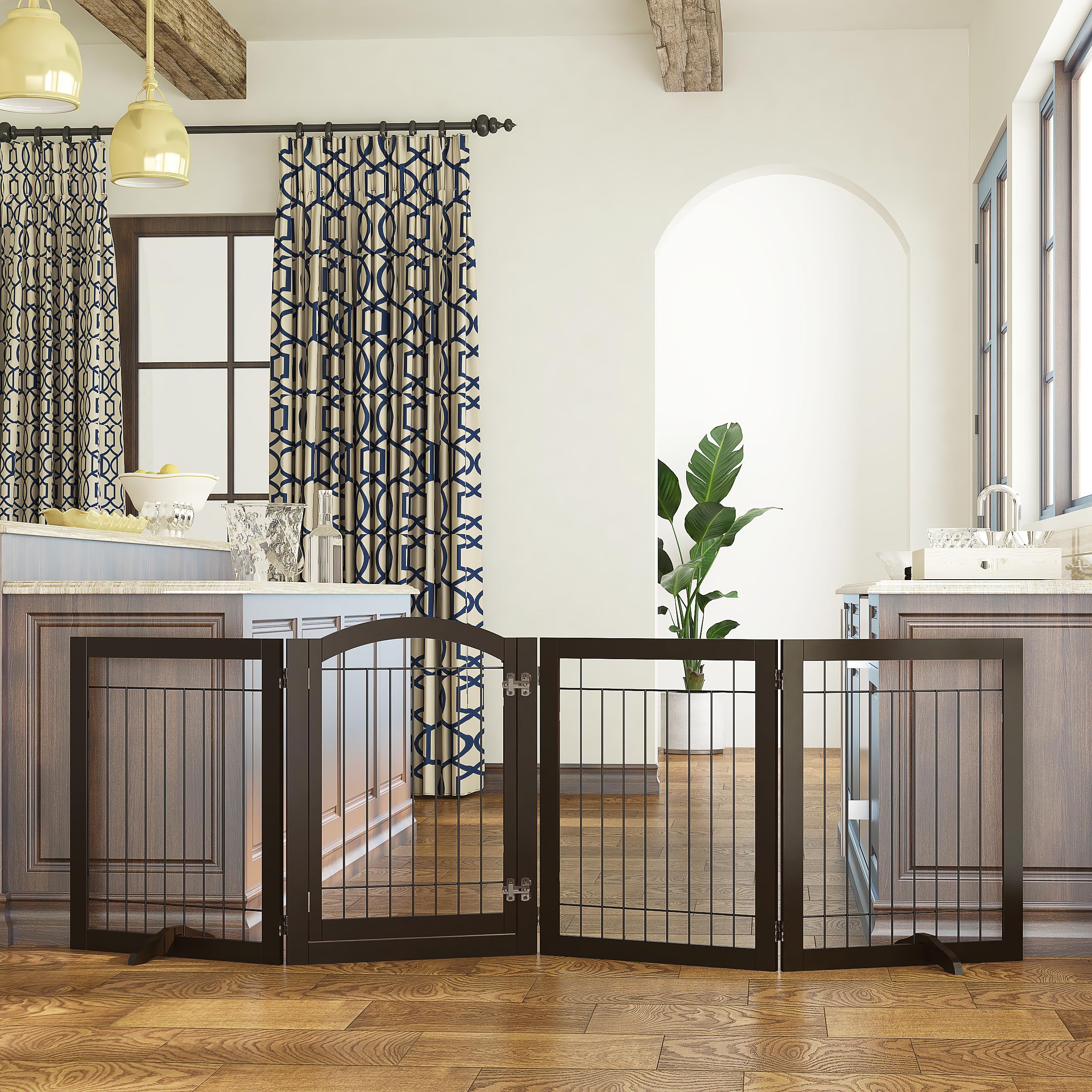 Spirich 96-inch gate in espresso, side view highlighting freestanding design for easy placement.