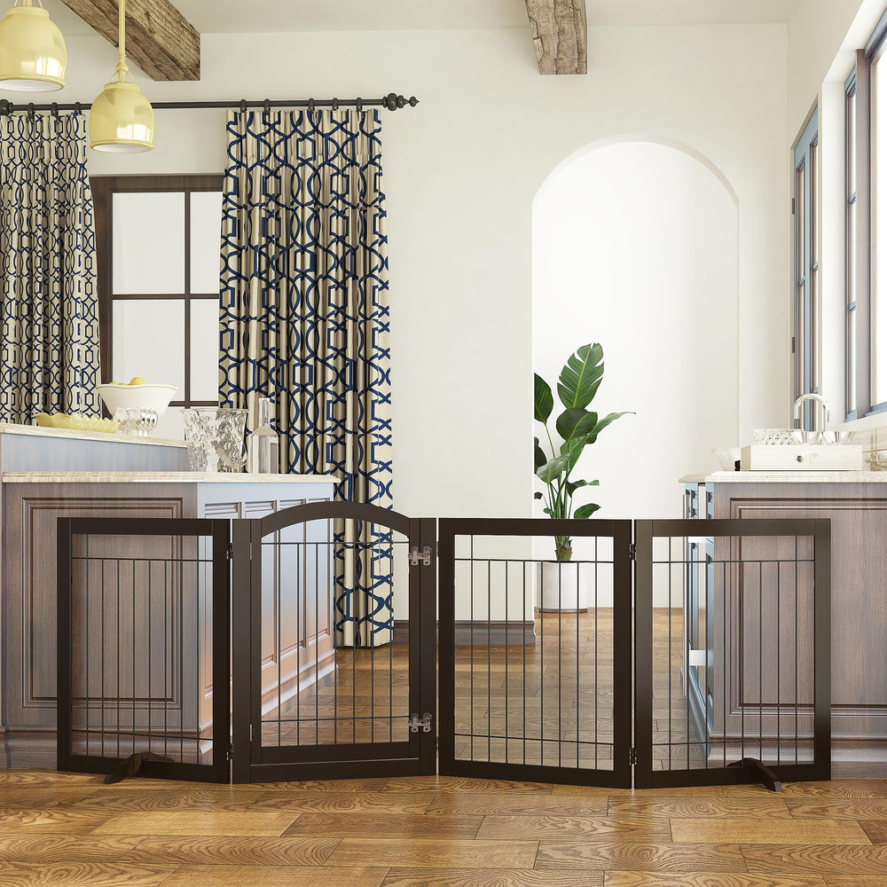 Spirich 96-inch gate in espresso, side view highlighting freestanding design for easy placement.