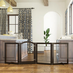 Spirich 96-inch gate in espresso, side view highlighting freestanding design for easy placement.