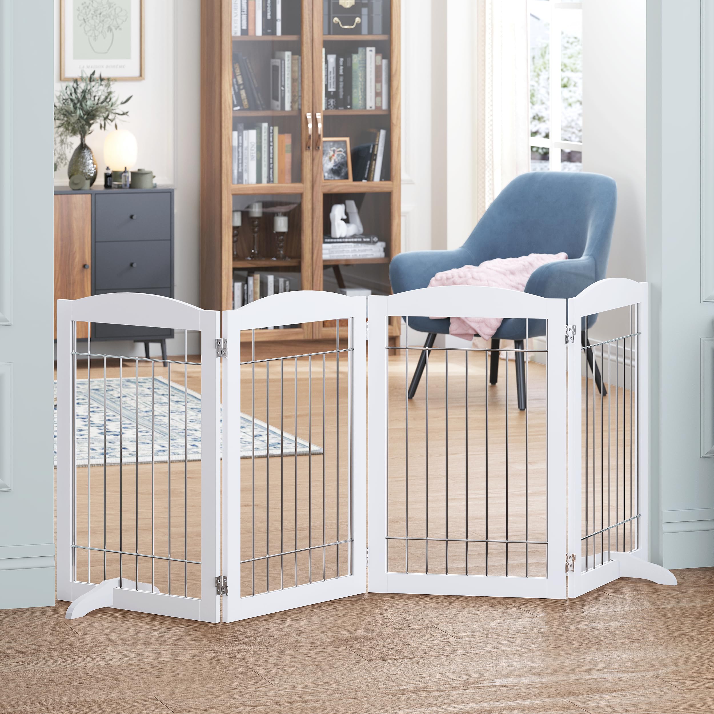 Spirich free-standing foldable dog gate 80in wide for wide hallway containment.