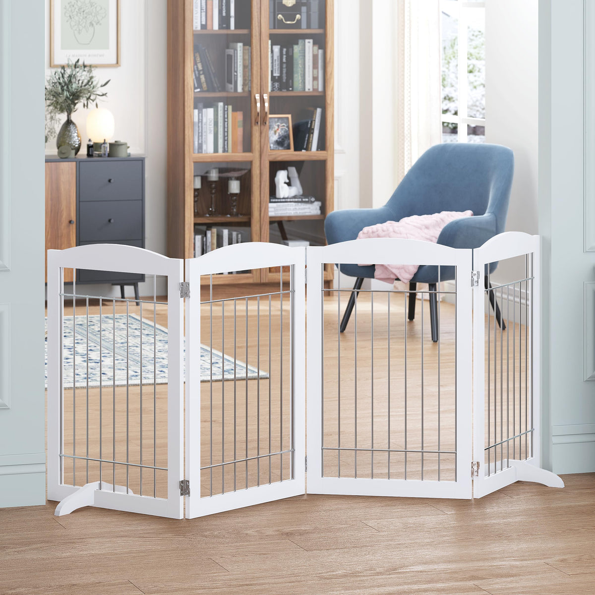 Spirich free-standing foldable dog gate 80in wide for wide hallway containment.