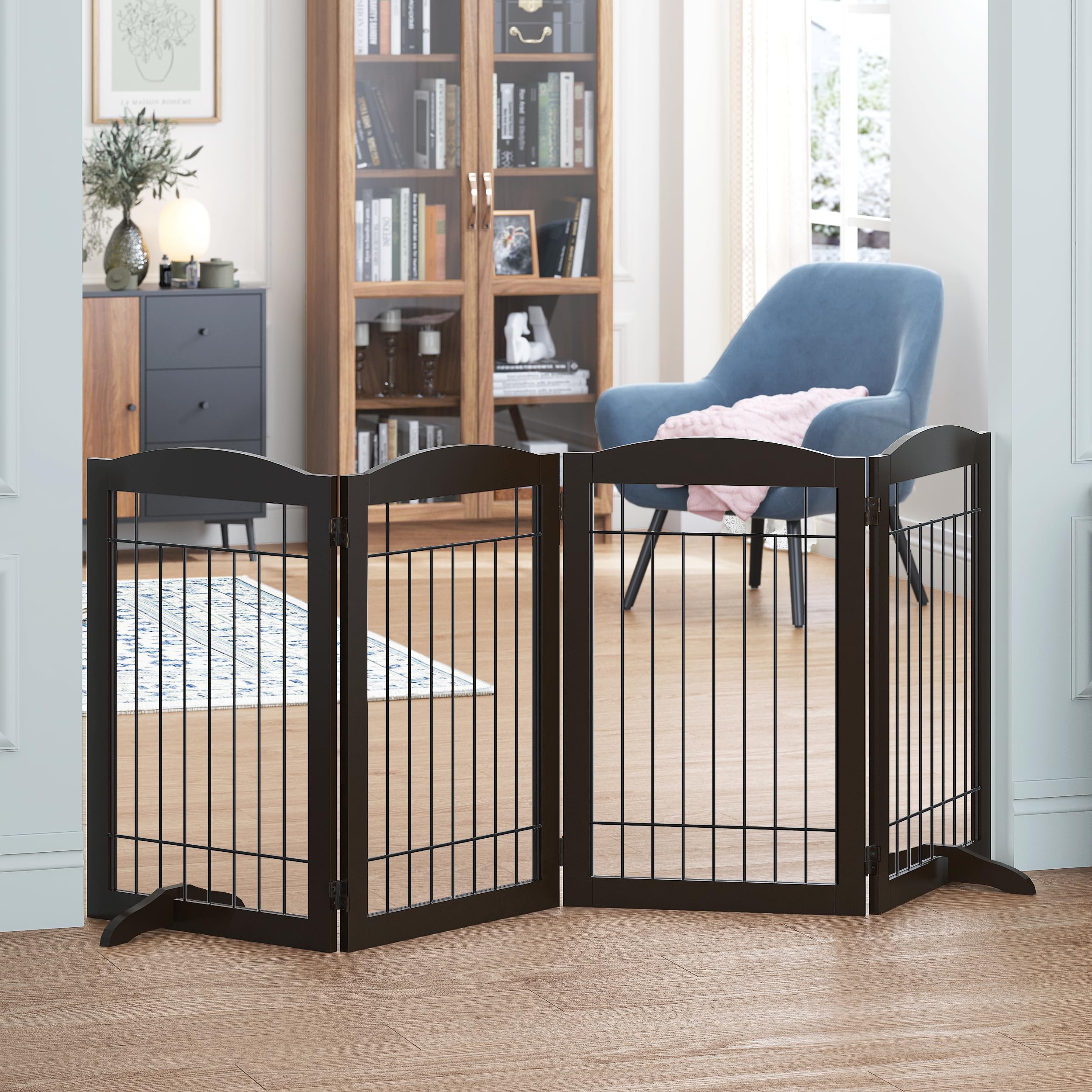 Spirich freestanding wire pet gate assembly for quick hallway confinement.