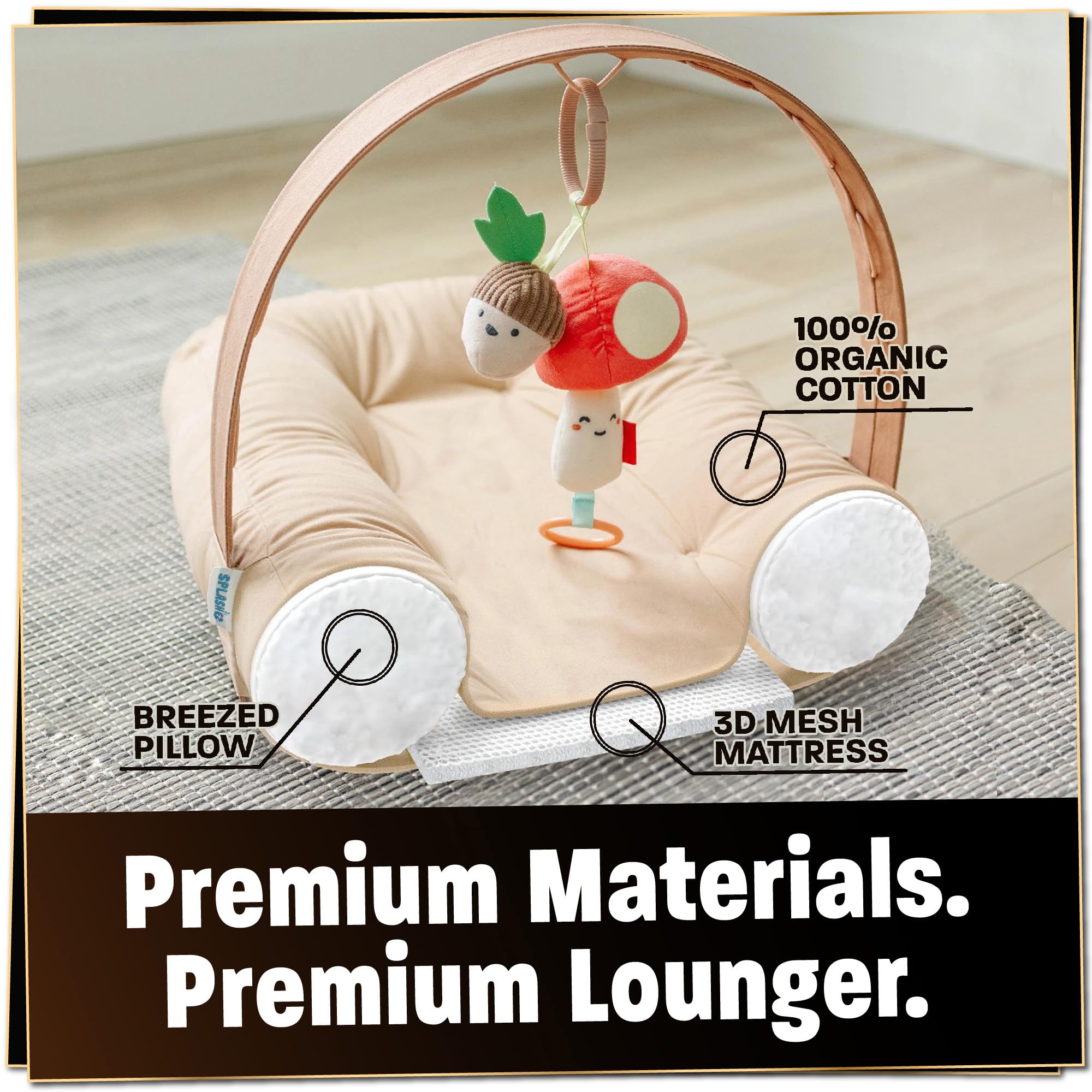 SplashEZ Baby Lounger Camel awake-time design supports supervised play and rest.