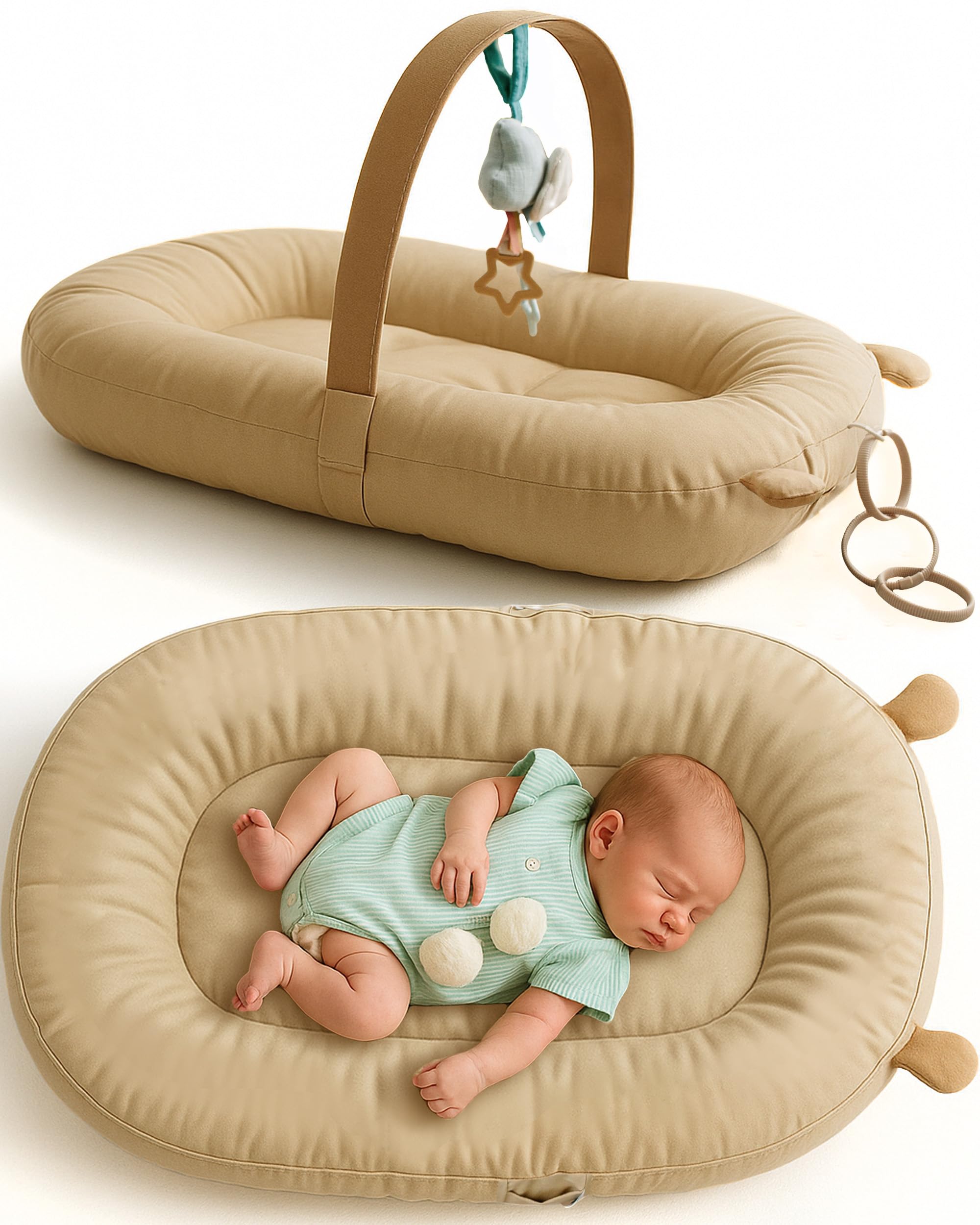 SplashEZ Baby Lounger Camel front view with breathable mesh and organic cotton for comfortable awake time.
