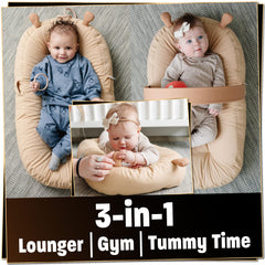 SplashEZ Baby Lounger Camel side view shows soft edges and portable design for quick setup.