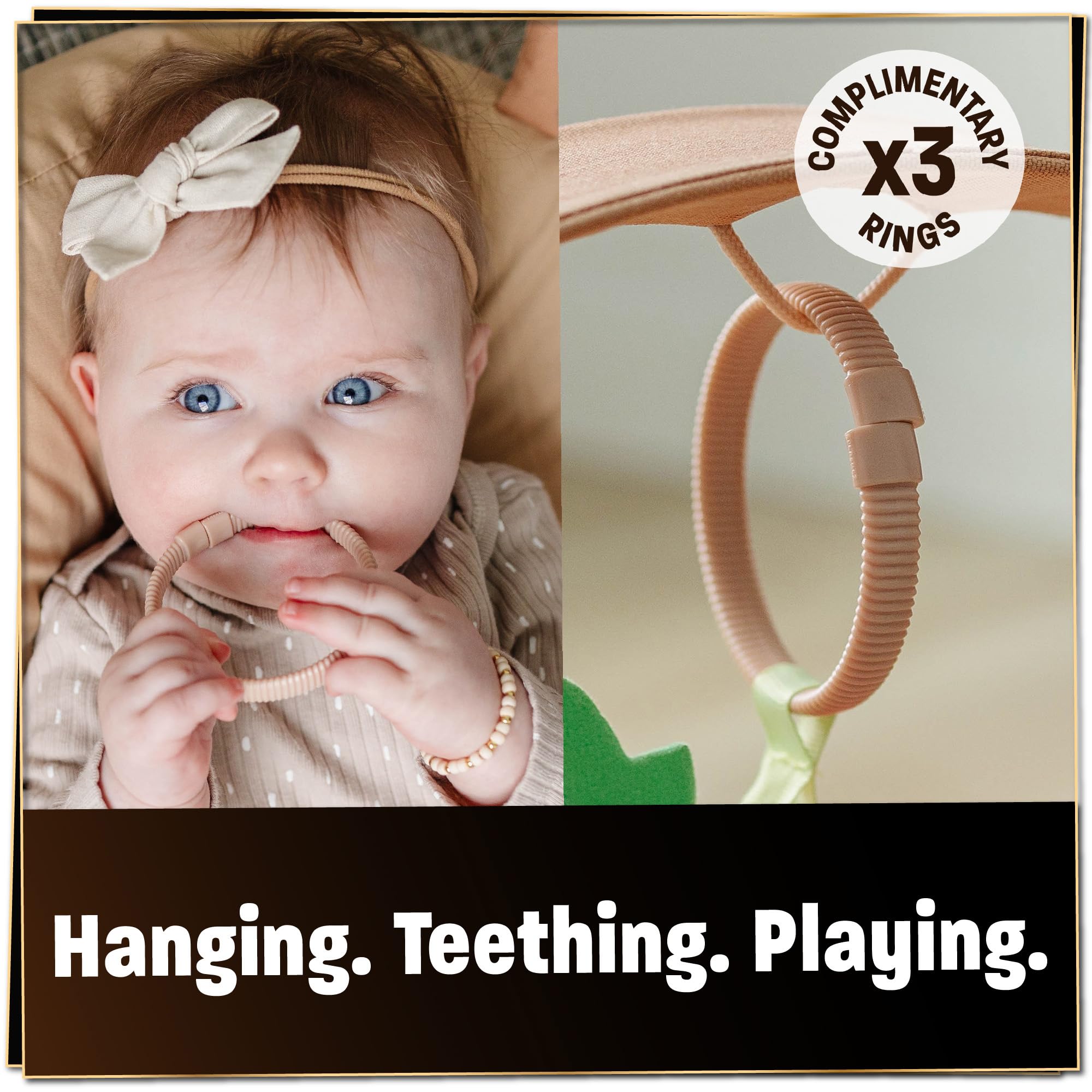 SplashEZ Baby Lounger Camel toy rings enable toy hanging for tummy time and sensory play.