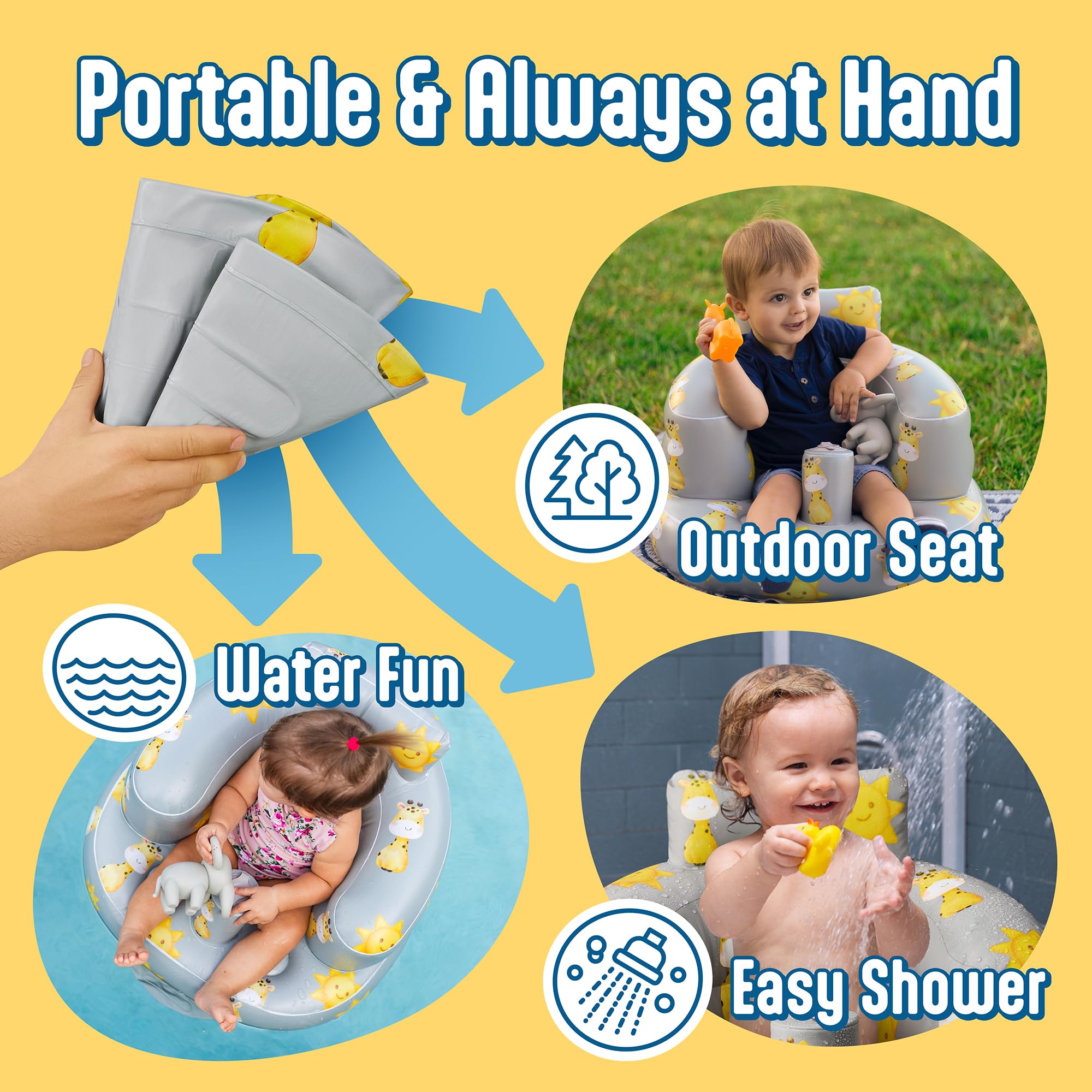 SplashEZ baby seat grows with child from 3 to 36 months.