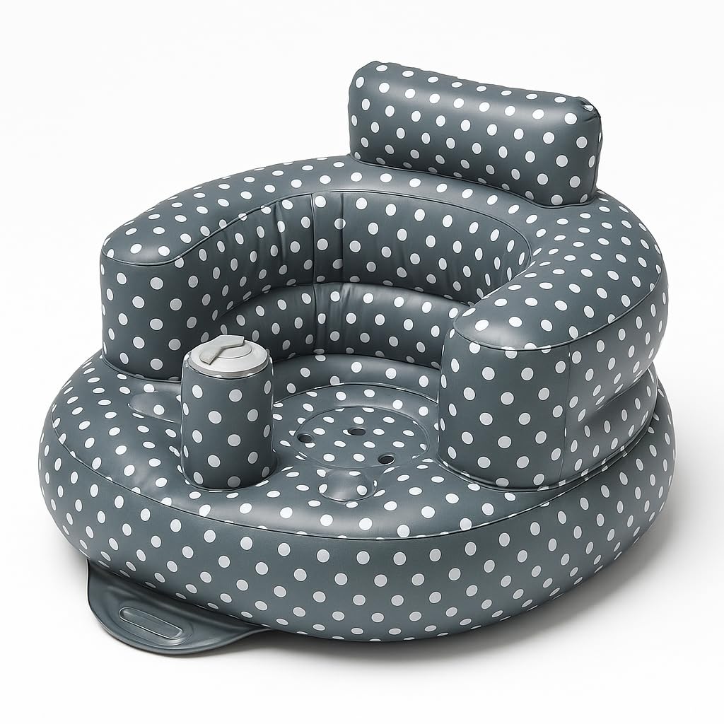 SplashEZ inflatable baby seat front view in grey polka dots with back support.