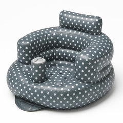 SplashEZ inflatable baby seat front view in grey polka dots with back support.