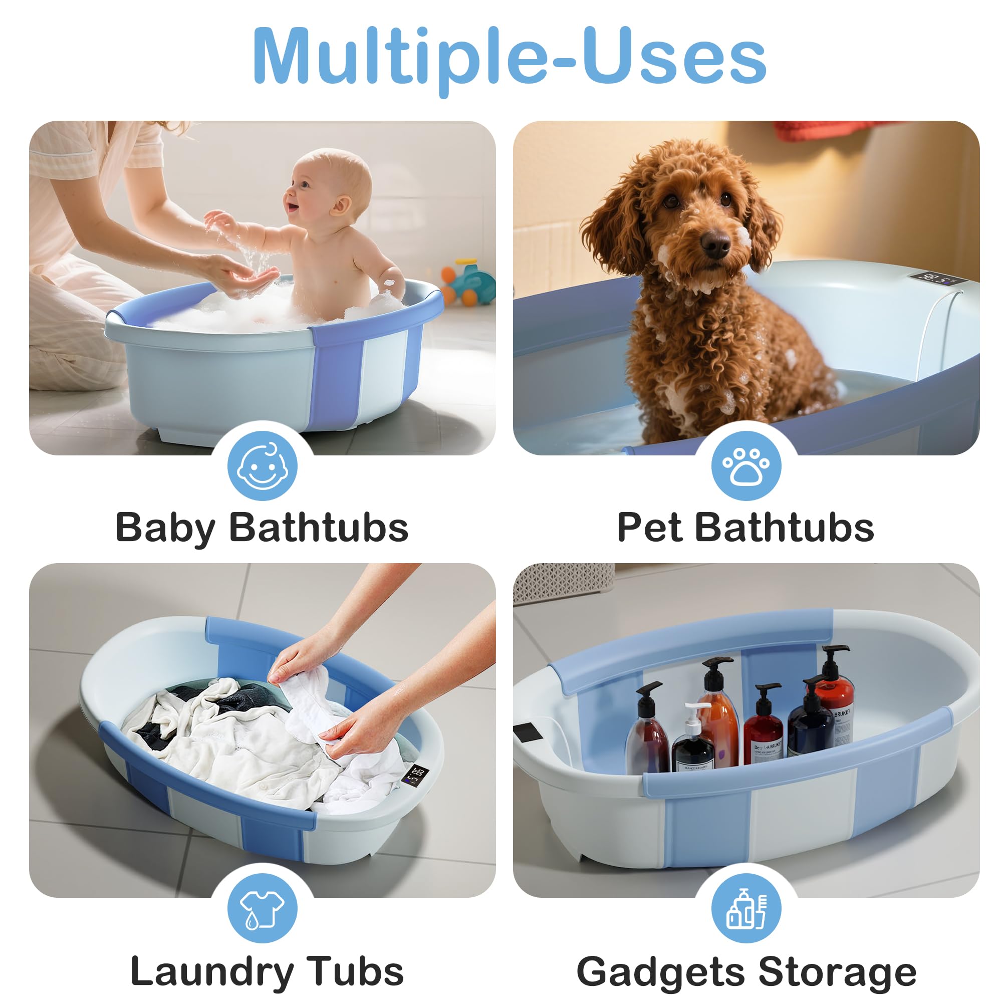 Spluvvly collapsible blue tub designed for home or outdoor baths.