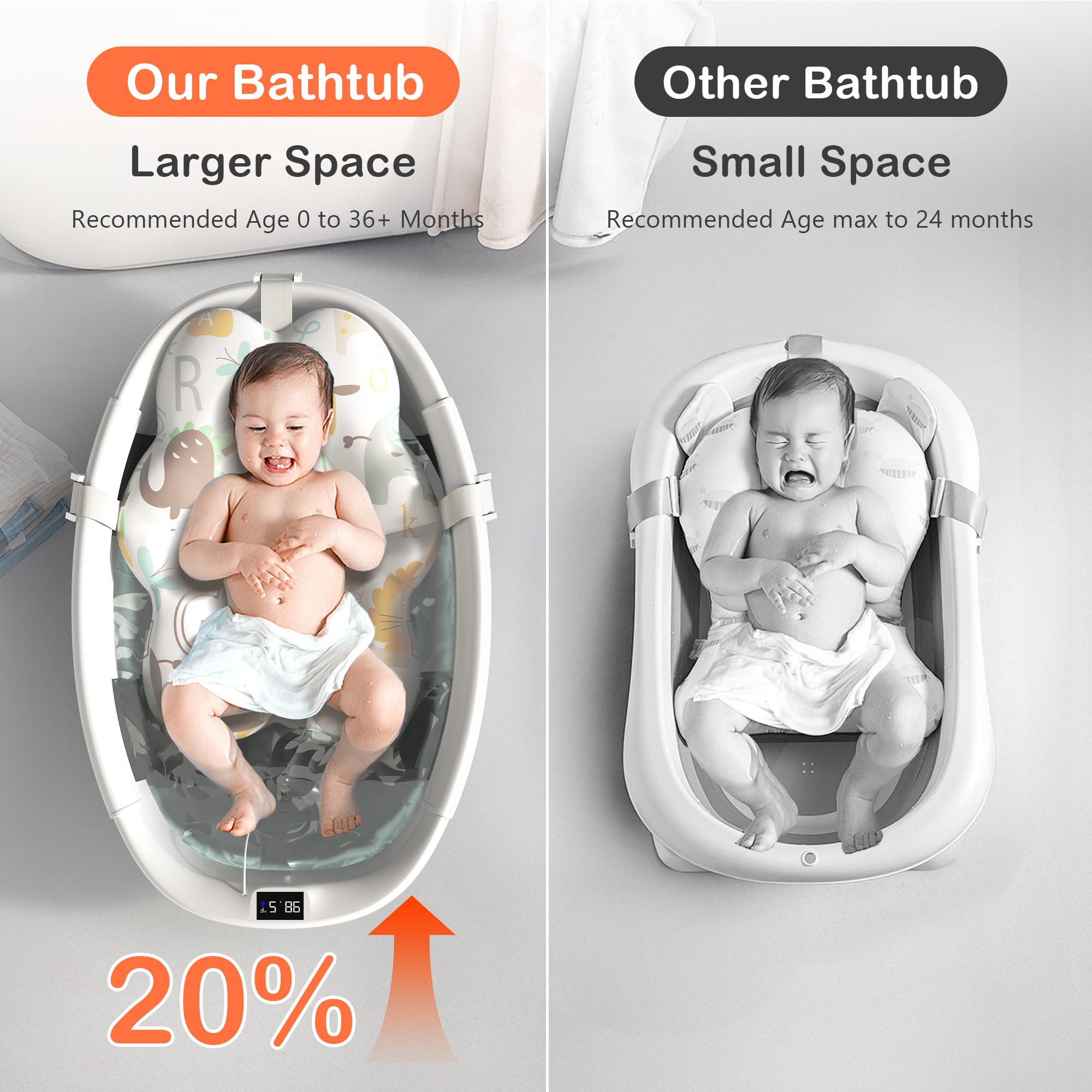 Spluvvly collapsible tub opened with baby enjoying a roomy bath.
