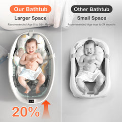 Spluvvly collapsible tub opened with baby enjoying a roomy bath.