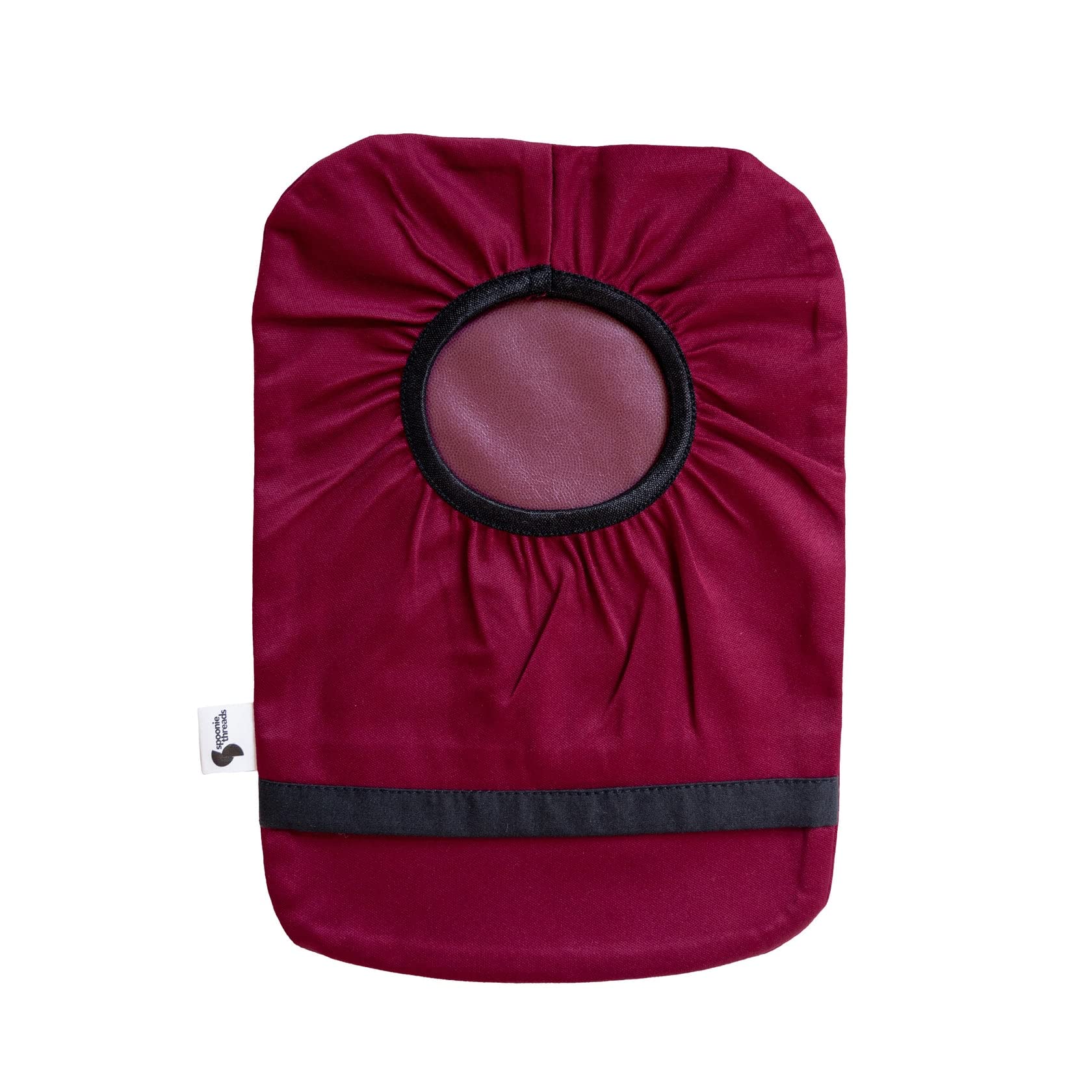 Spoonie Threads burgundy elastic ostomy bag cover close-up showing secure adjustable fit.