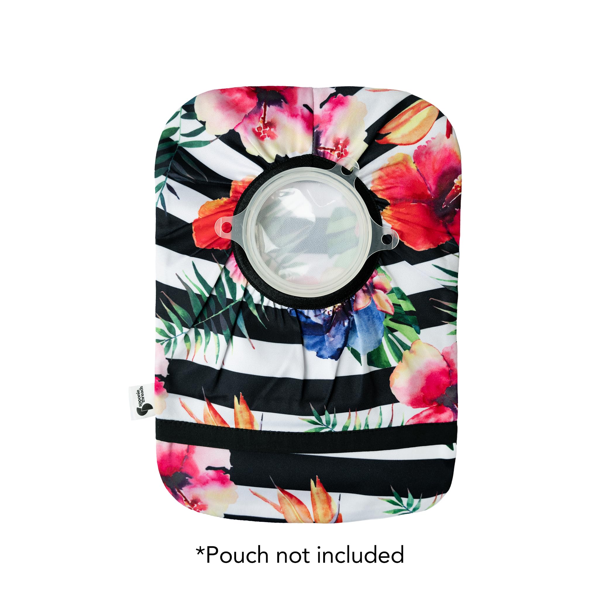 Spoonie Threads ostomy bag cover on bag demonstrates discreet protection.