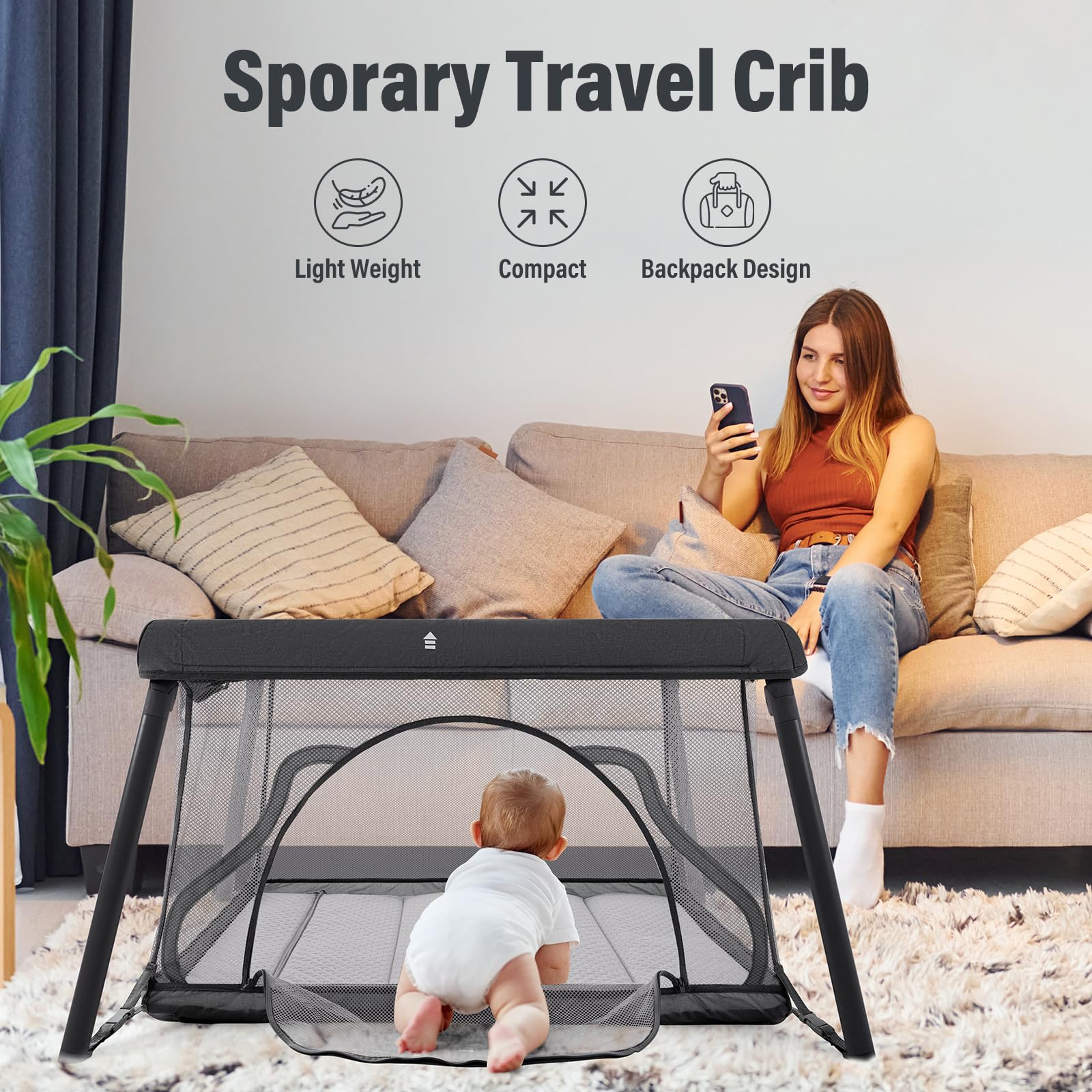 Sporary Travel Crib open playpen ready for floor play.