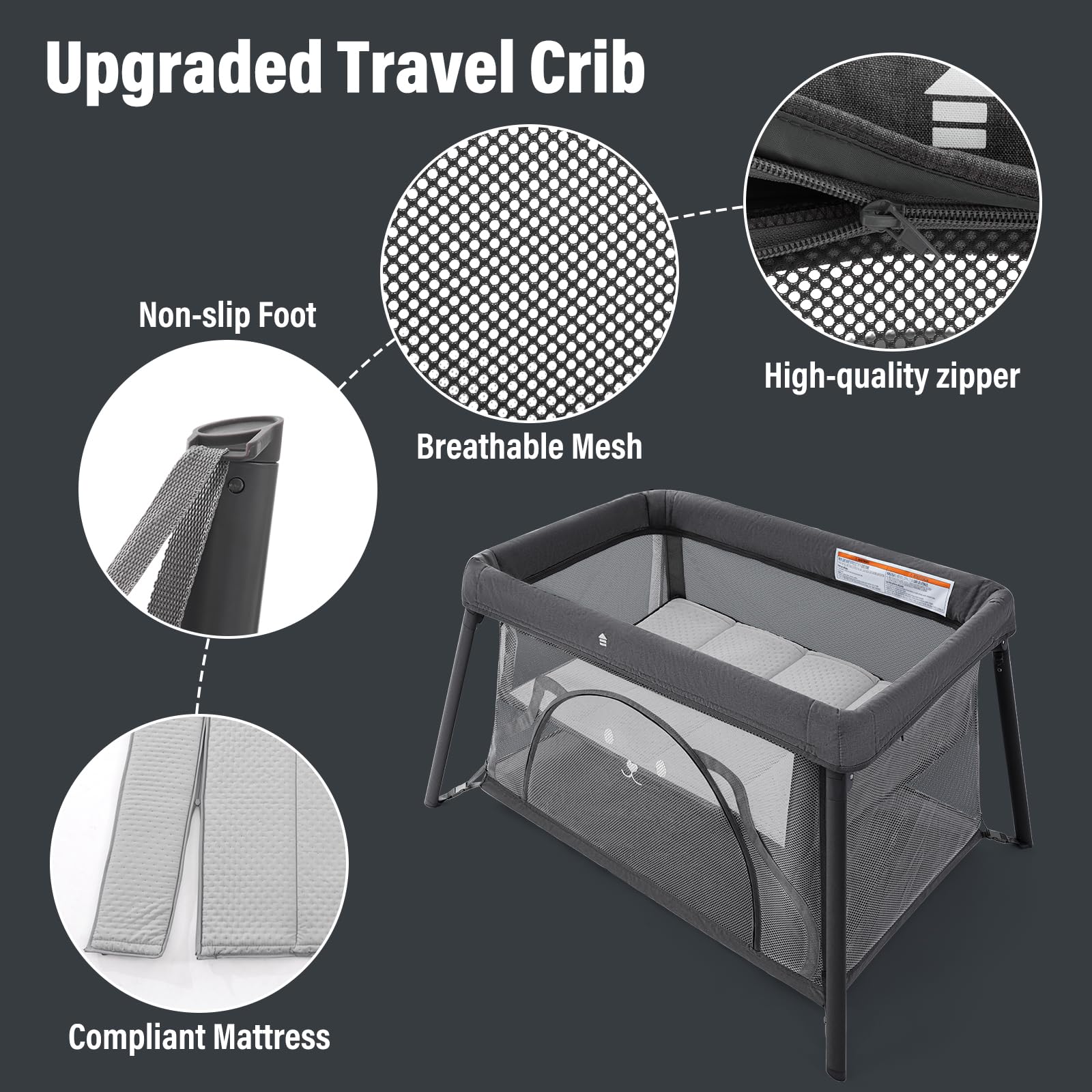 Sporary Travel Crib side mesh door for visibility and care.