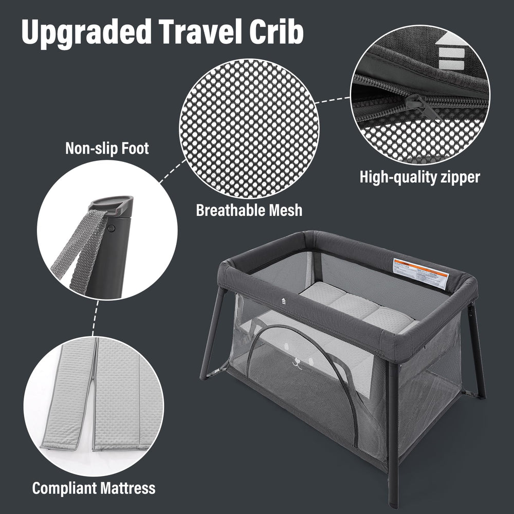 Sporary Travel Crib side mesh door for visibility and care.