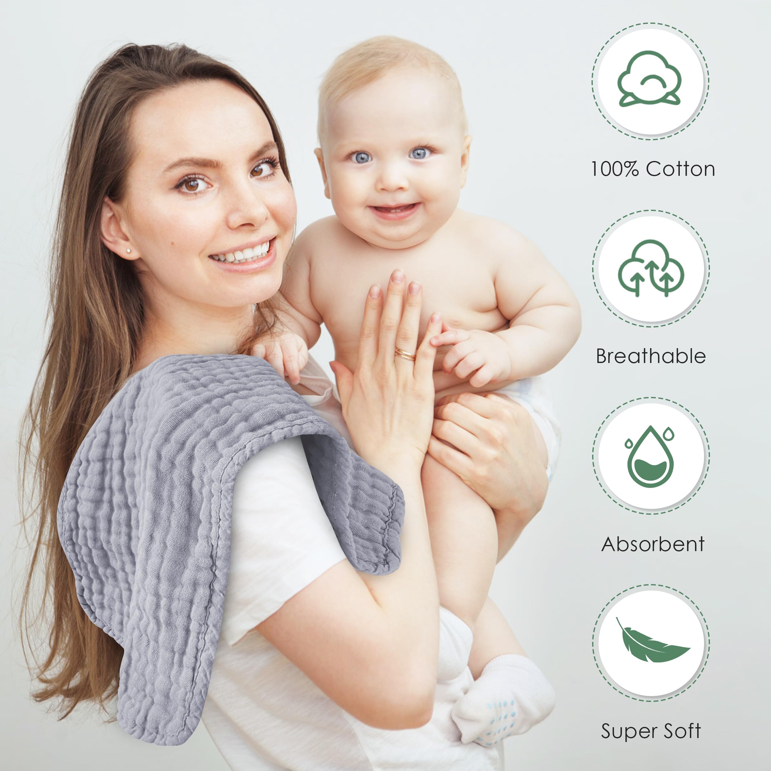 Spotted Play 12-pack grey burp cloths cover daily baby needs with softness.