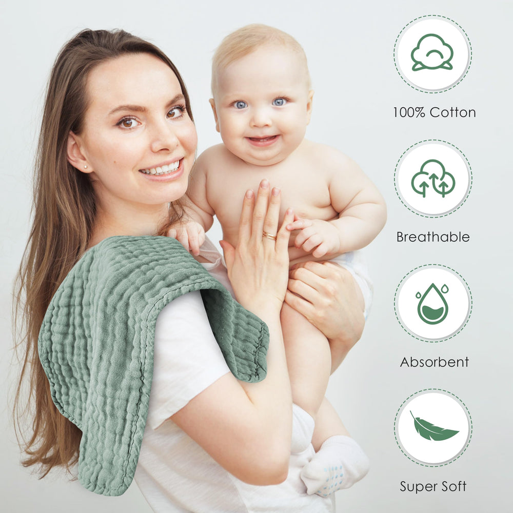 Spotted Play newborn-friendly green burp cloths shown in a compact set.
