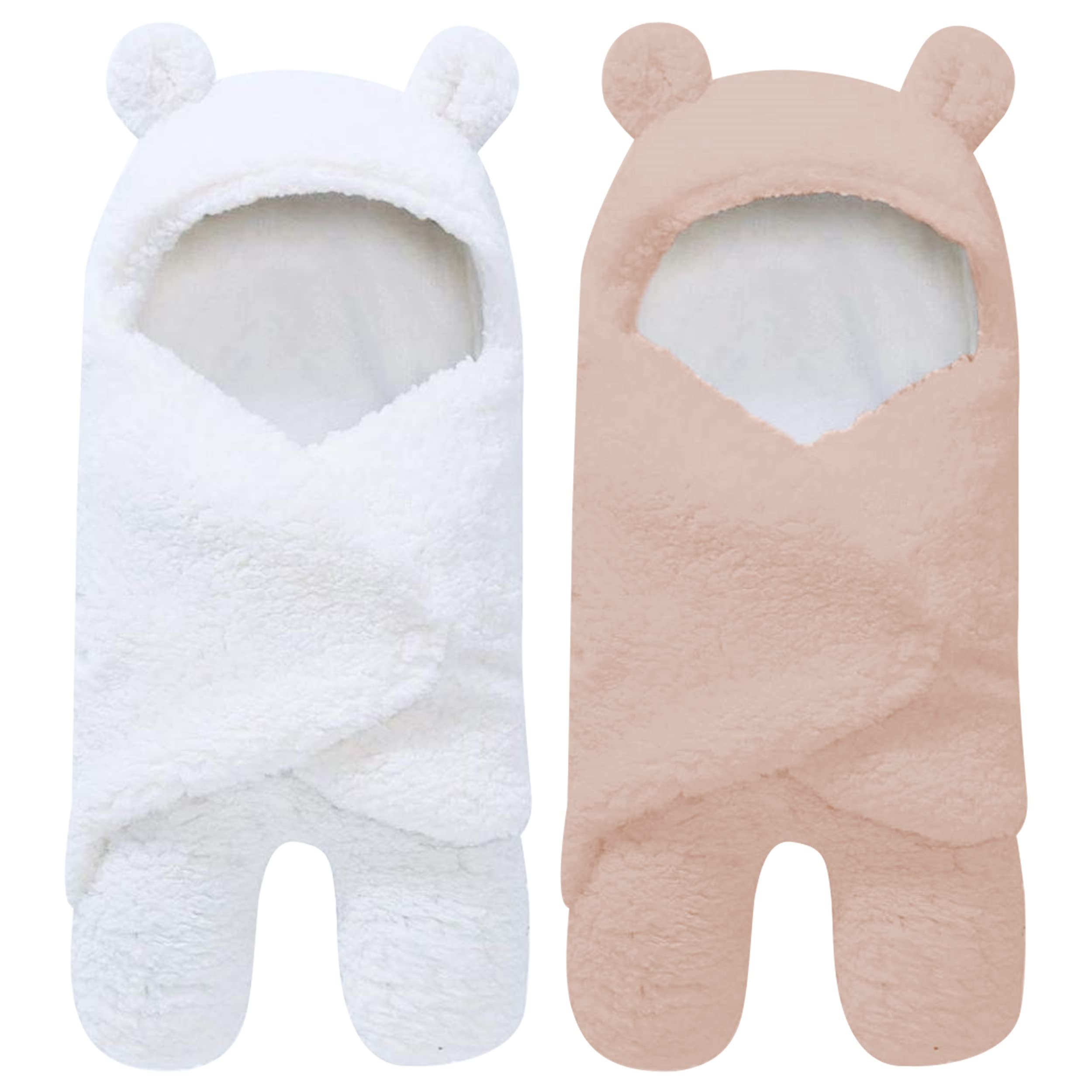 Spotted Play sherpa swaddle two-pack in brown and white, plush warmth for naps