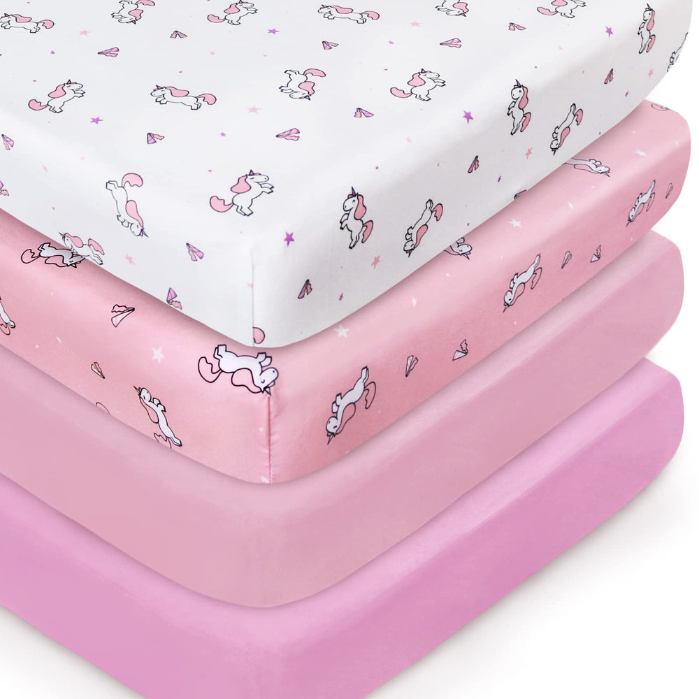 SPRINGSPIRIT girl crib sheets 4-pack packaging shows soft, durable fabric for baby comfort.