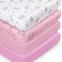 SPRINGSPIRIT girl crib sheets 4-pack packaging shows soft, durable fabric for baby comfort.