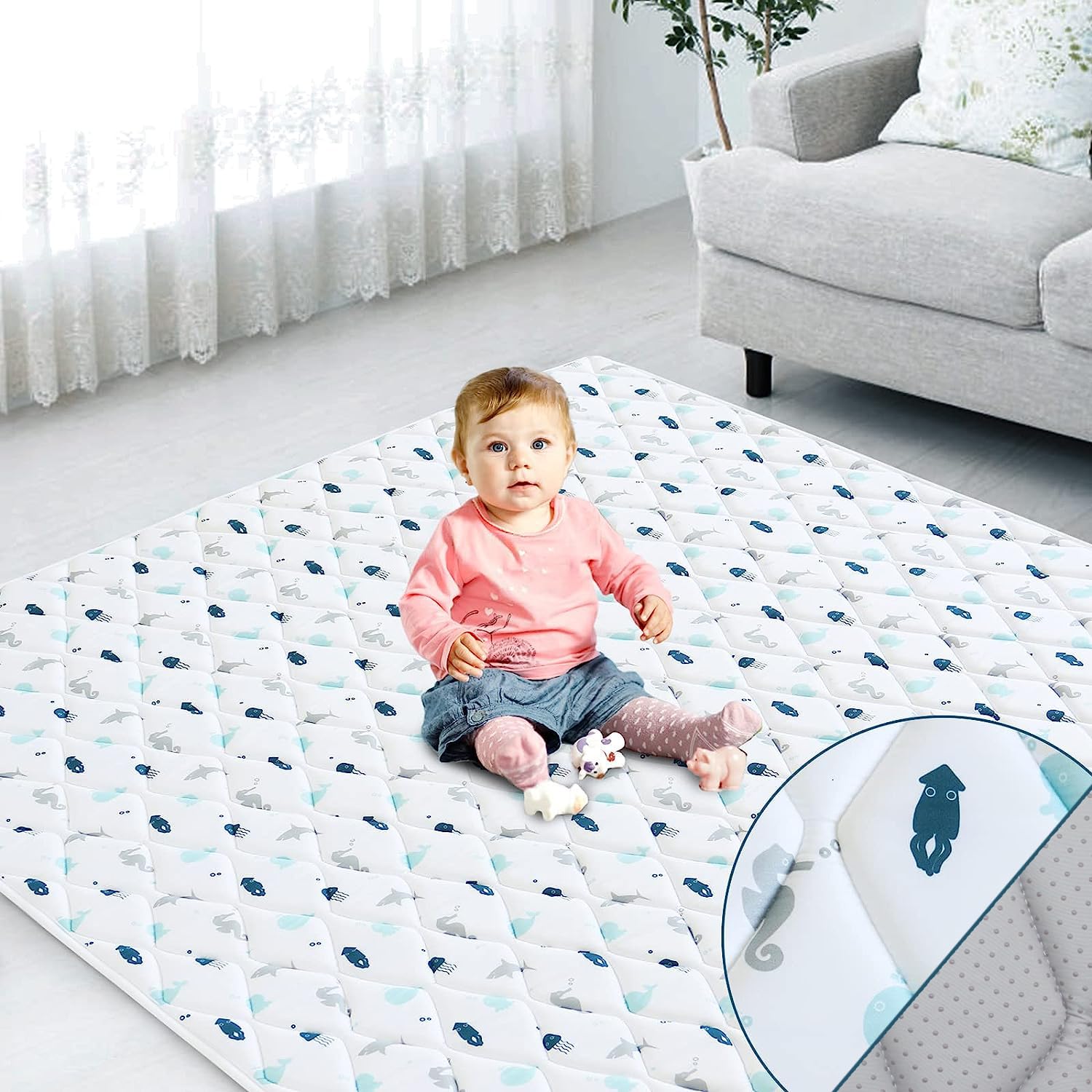 SPRINGSPIRIT premium foam baby play mat with whale design provides cushioned surface for play and exploration.