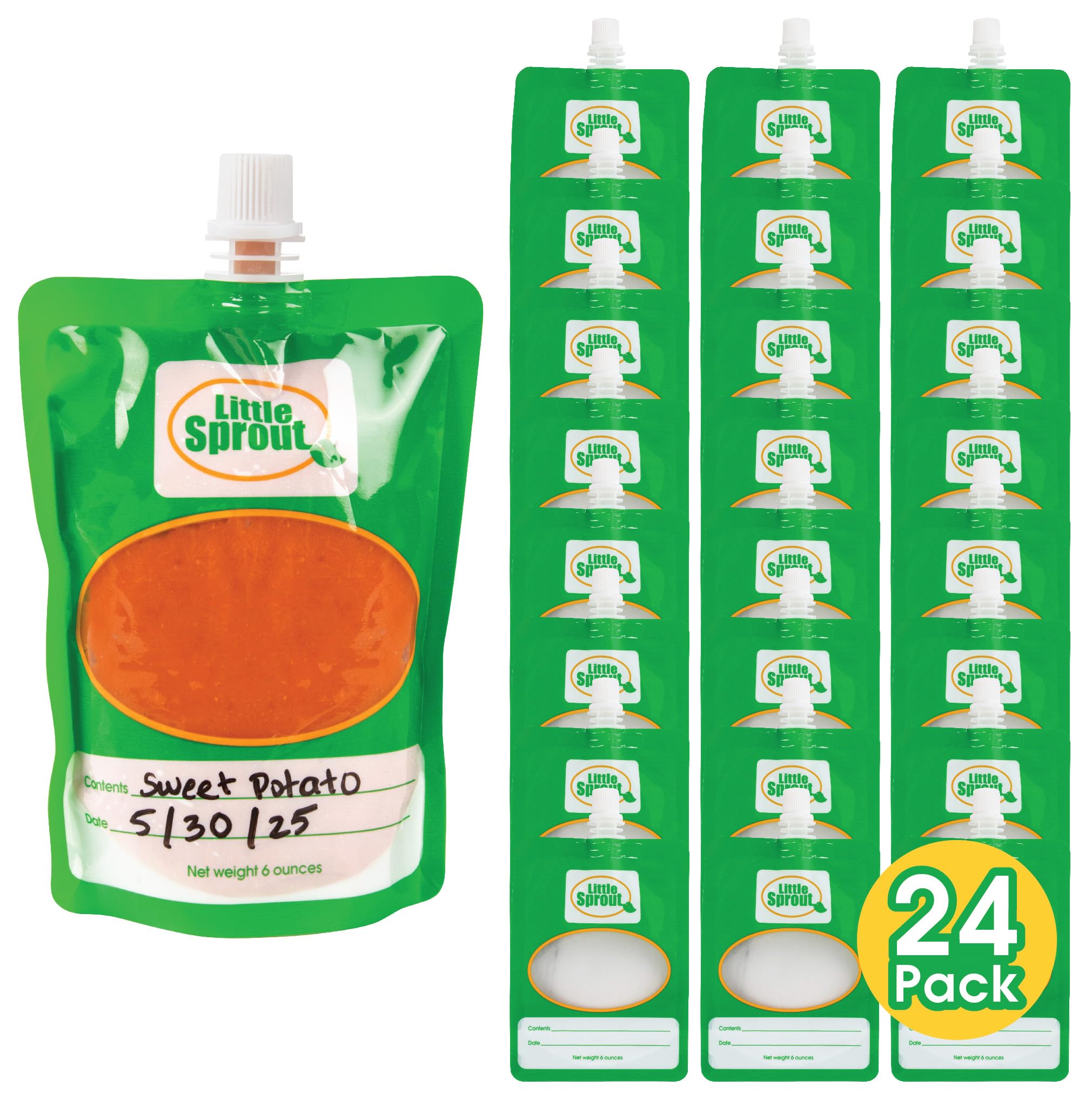 Sprout Cups disposable baby food pouches show 6 oz capacity for convenient meals on the go.