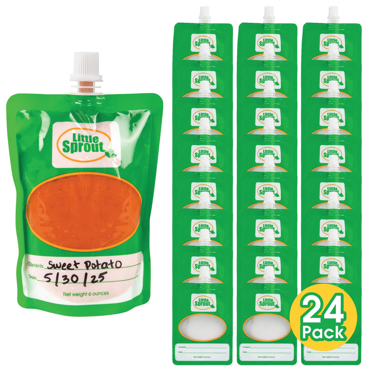 Sprout Cups disposable baby food pouches show 6 oz capacity for convenient meals on the go.