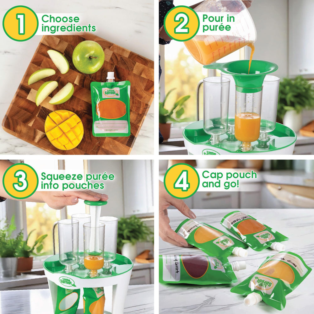 Sprout Cups pouches are designed for easy storage in a diaper bag and on the go.
