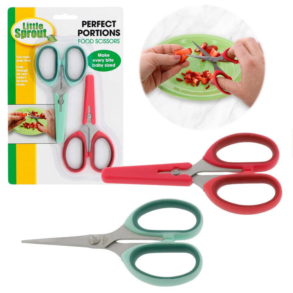 Sprout Cups baby food scissors with pack cover, safe on the go for parents.