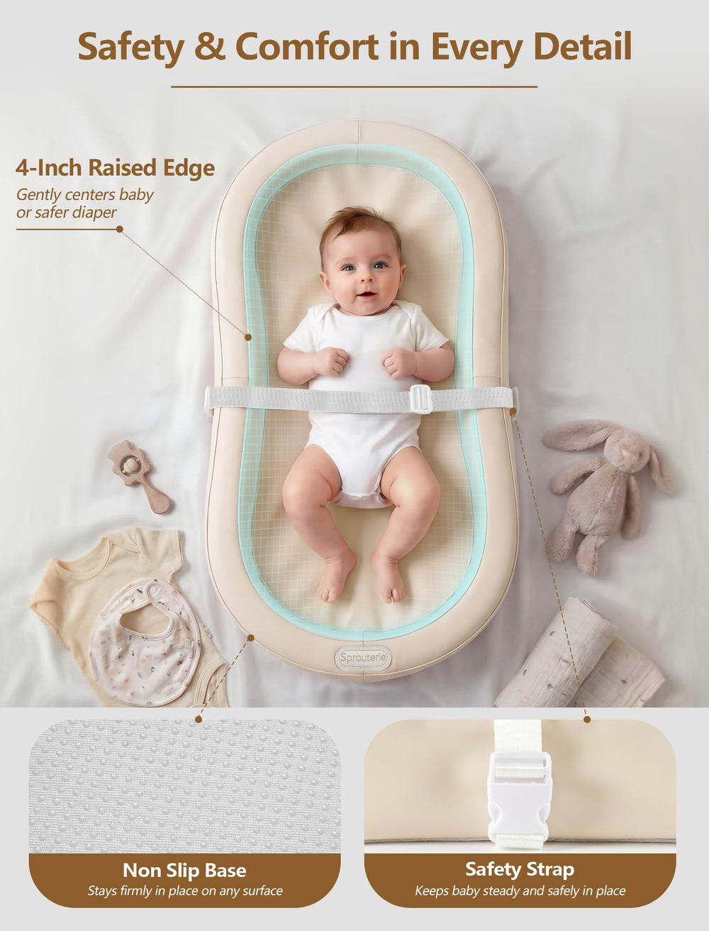 Sprouterie adjustable safety belt keeps baby secure during changes.